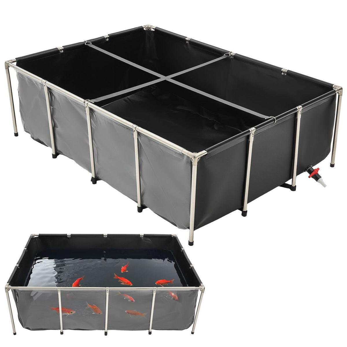 Canvas Fish Pond, 1781.3L Above Ground Fish Pond, PVC Koi Tank with Clear Viewing Panel, Rectangular Goldfish Tank with Stainless Steel Frame & Drain Valve, for Breeding Koi, Irrigation(Black)