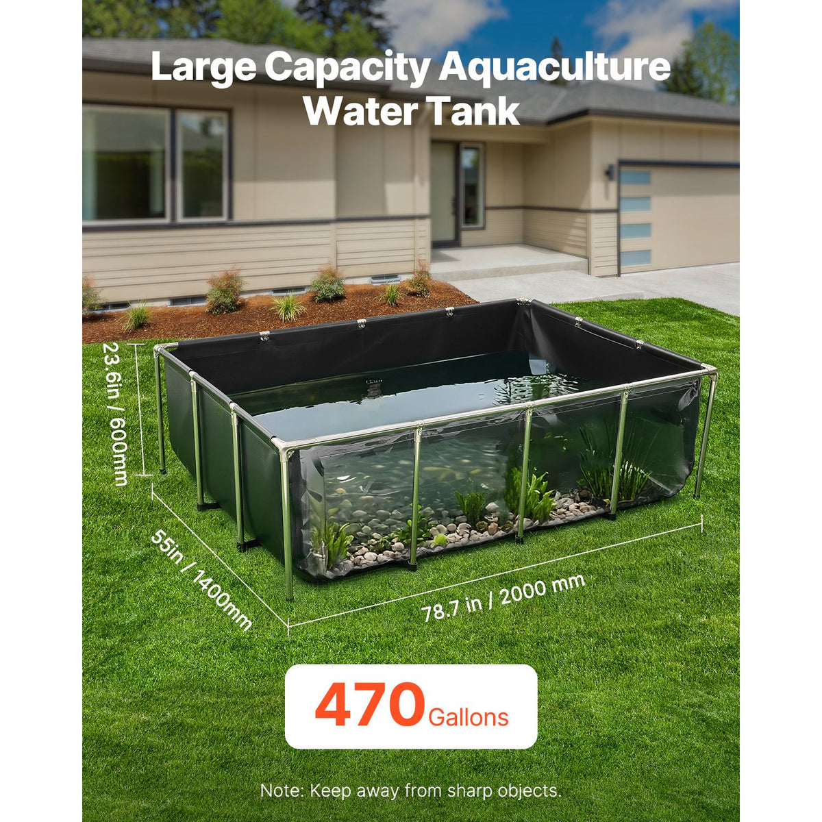 Canvas Fish Pond, 1781.3L Above Ground Fish Pond, PVC Koi Tank with Clear Viewing Panel, Rectangular Goldfish Tank with Stainless Steel Frame & Drain Valve, for Breeding Koi, Irrigation(Black)