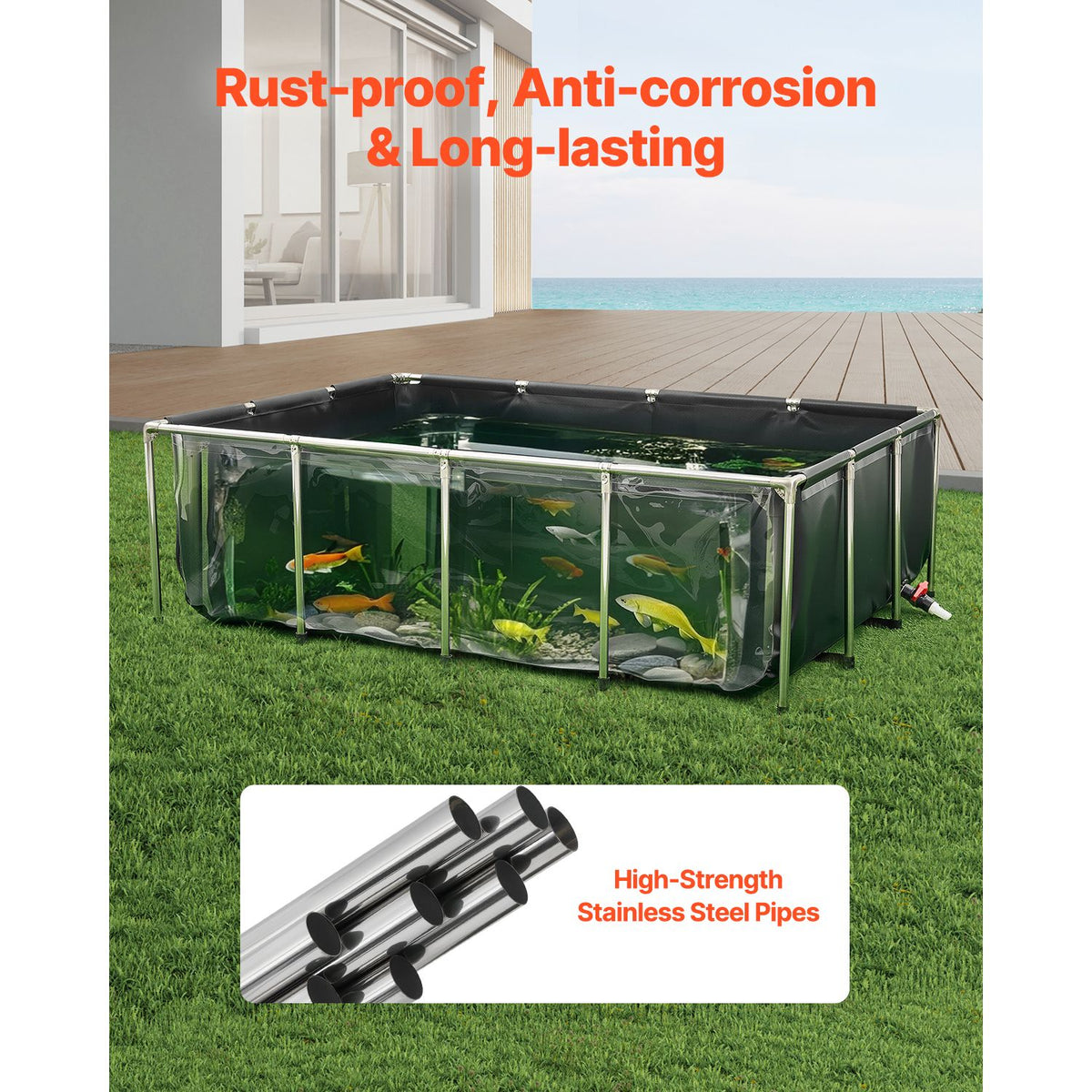 Canvas Fish Pond, 1781.3L Above Ground Fish Pond, PVC Koi Tank with Clear Viewing Panel, Rectangular Goldfish Tank with Stainless Steel Frame & Drain Valve, for Breeding Koi, Irrigation(Black)