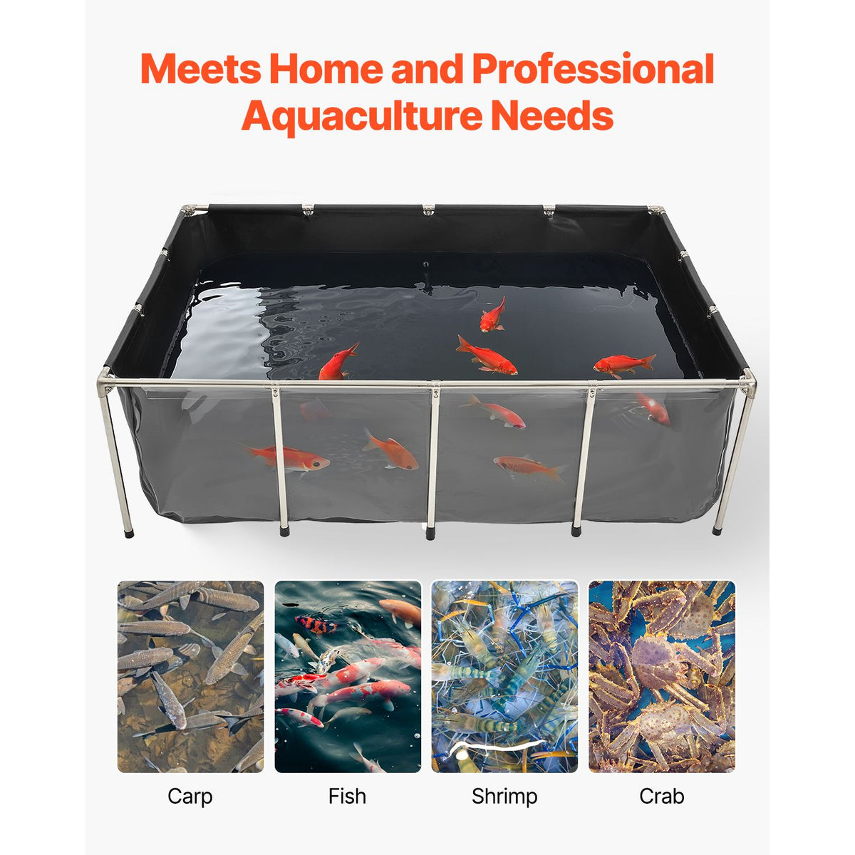 Canvas Fish Pond, 1781.3L Above Ground Fish Pond, PVC Koi Tank with Clear Viewing Panel, Rectangular Goldfish Tank with Stainless Steel Frame & Drain Valve, for Breeding Koi, Irrigation(Black)