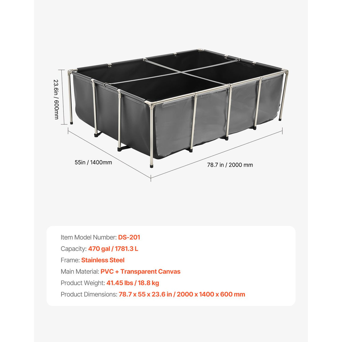 Canvas Fish Pond, 1781.3L Above Ground Fish Pond, PVC Koi Tank with Clear Viewing Panel, Rectangular Goldfish Tank with Stainless Steel Frame & Drain Valve, for Breeding Koi, Irrigation(Black)