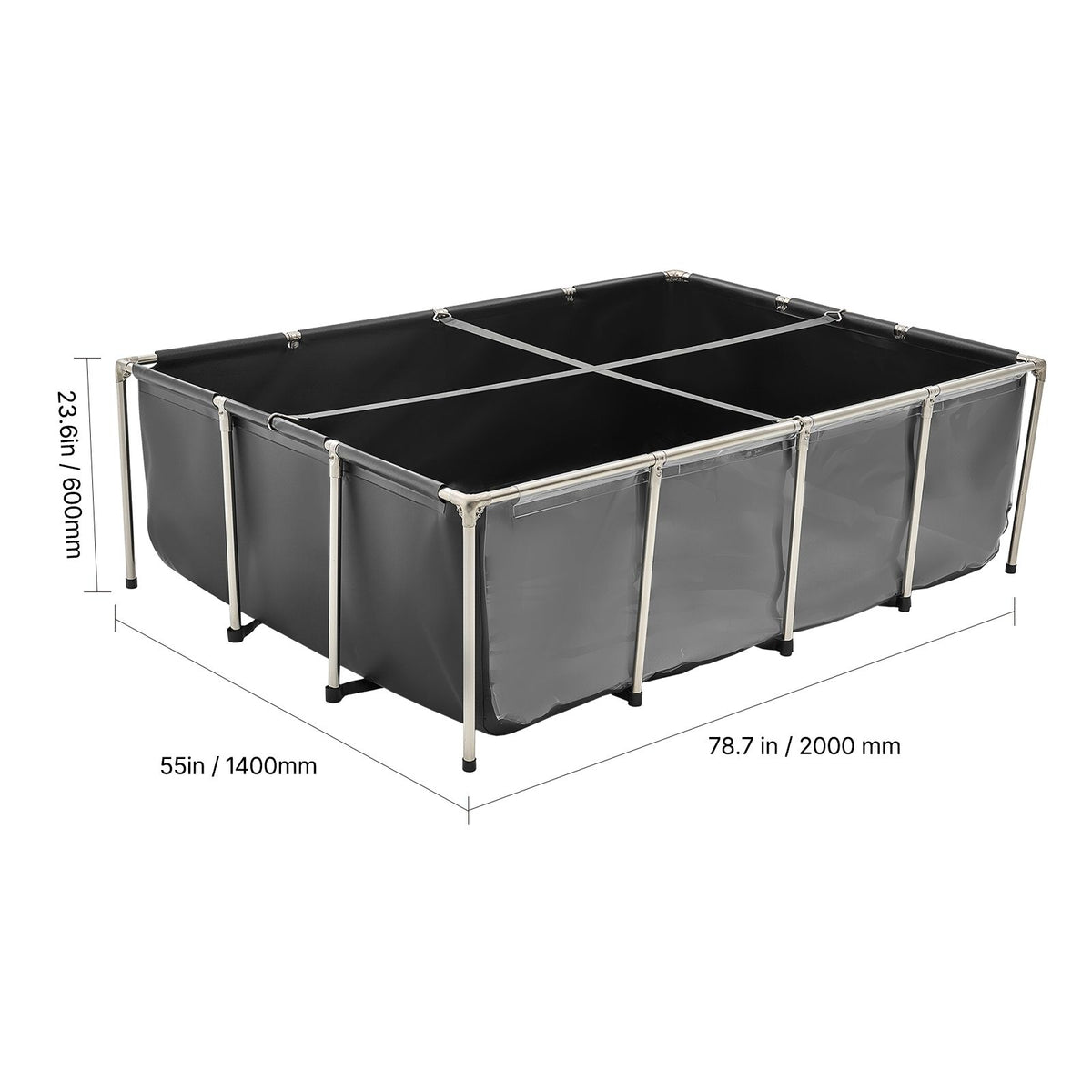Canvas Fish Pond, 1781.3L Above Ground Fish Pond, PVC Koi Tank with Clear Viewing Panel, Rectangular Goldfish Tank with Stainless Steel Frame & Drain Valve, for Breeding Koi, Irrigation(Black)