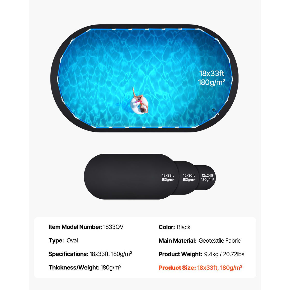 Oval Pool Liner Pad, 18 x 33 ft Pool Liner Pad for Above Ground Swimming Pools, Extra-Thick Pool Mat, Prevents Punctures, Recycled Geotextile Material Underlayment Pad, Extend Liner Life