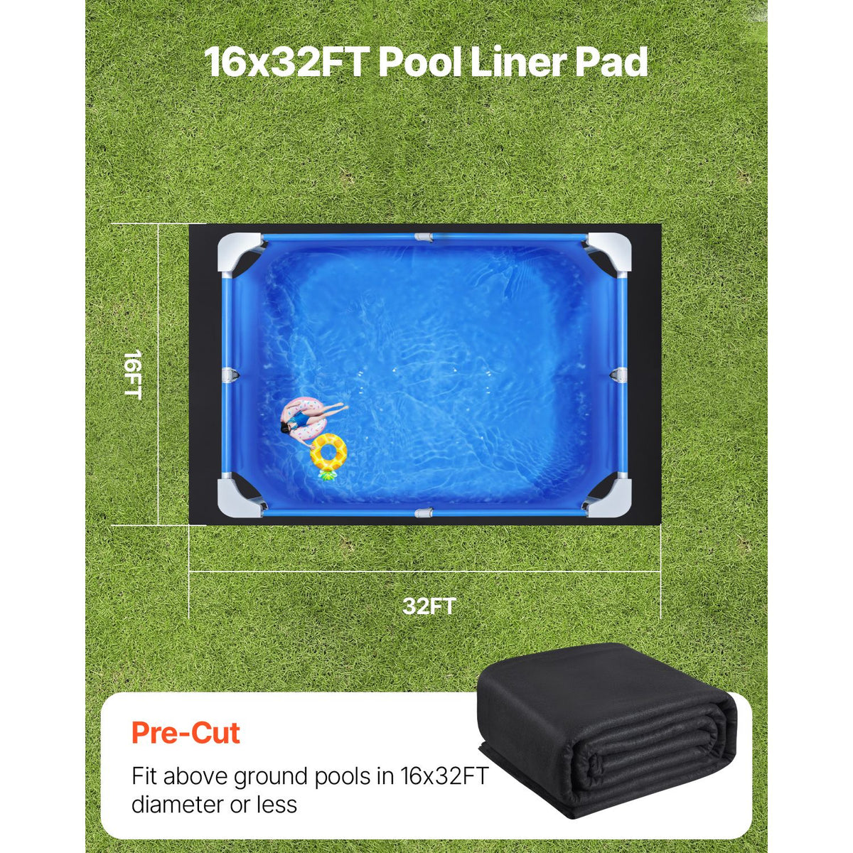 Rectangle Pool Liner Pad, 16 x 32 ft Pool Liner Pad for Above Ground Swimming Pools, Extra-Thick Pool Mat, Prevents Punctures, Recycled Geotextile Material Underlayment Pad, Extend Liner Life