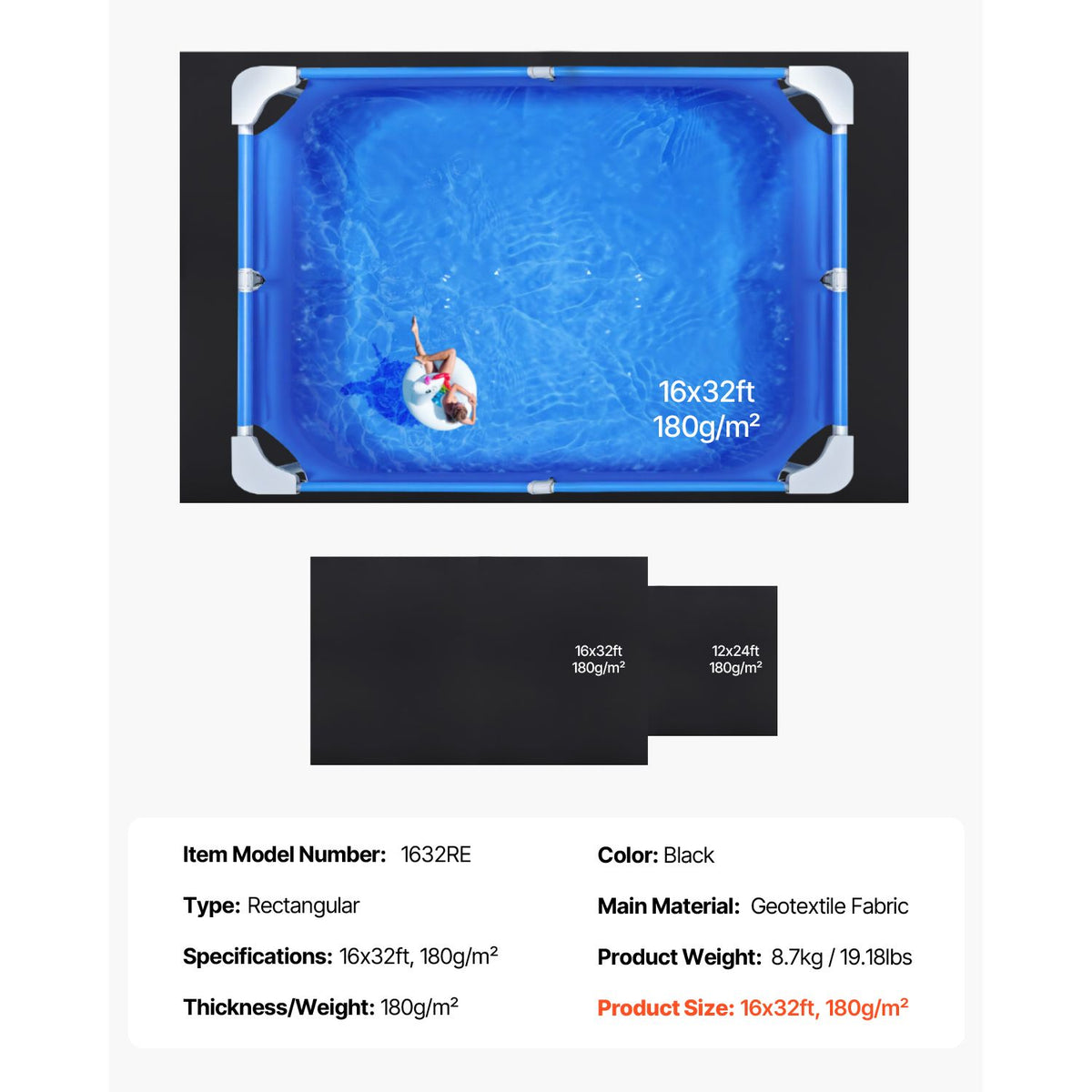Rectangle Pool Liner Pad, 16 x 32 ft Pool Liner Pad for Above Ground Swimming Pools, Extra-Thick Pool Mat, Prevents Punctures, Recycled Geotextile Material Underlayment Pad, Extend Liner Life