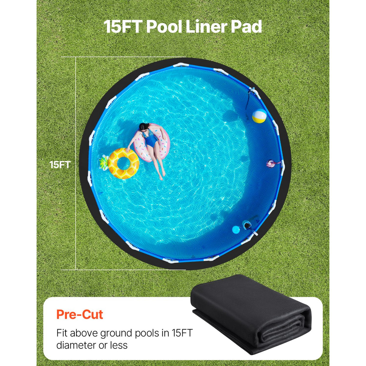 15ft Round Pool Liner Pad, Pool Liner Pad for Above Ground Swimming Pools, Extra-Thick Pool Mat, Prevents Punctures, Recycled Geotextile Material Underlayment Pad, Extend Liner Life