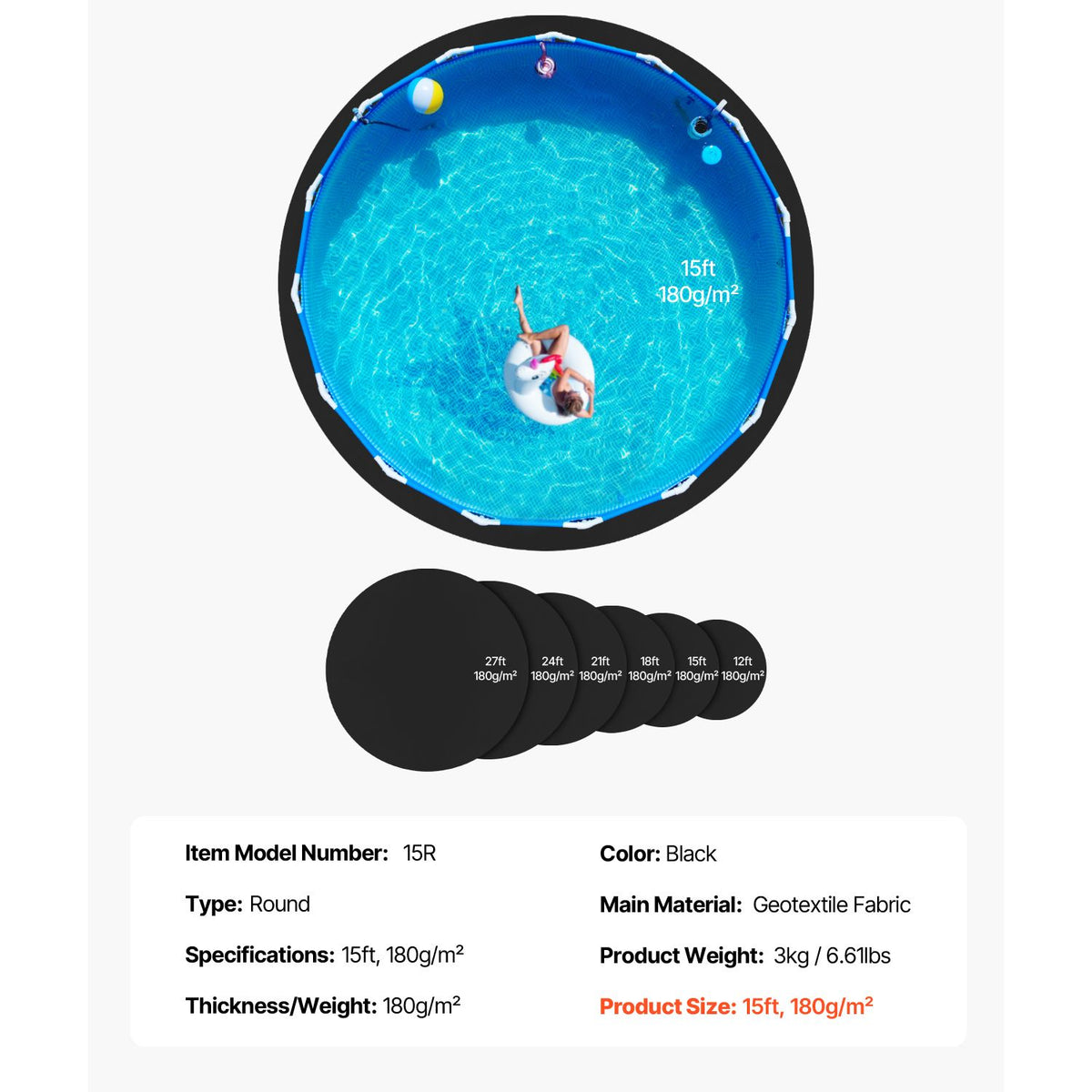 15ft Round Pool Liner Pad, Pool Liner Pad for Above Ground Swimming Pools, Extra-Thick Pool Mat, Prevents Punctures, Recycled Geotextile Material Underlayment Pad, Extend Liner Life