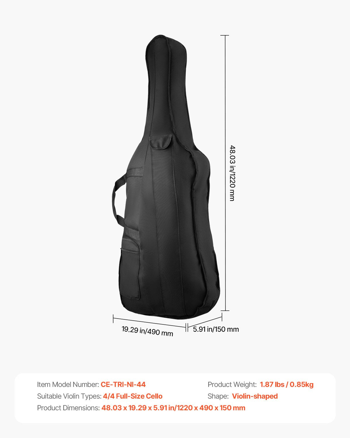 Duffel Bags: VEVOR 4/4 Full Size Cello Case, Nylon Waterproof, Lightweight Portable Travel Carrying Bag, with Reinforced Handle, Dual Shoulder Straps, Anti-Scratch, Professional Cello-Shape, for Cello, Black