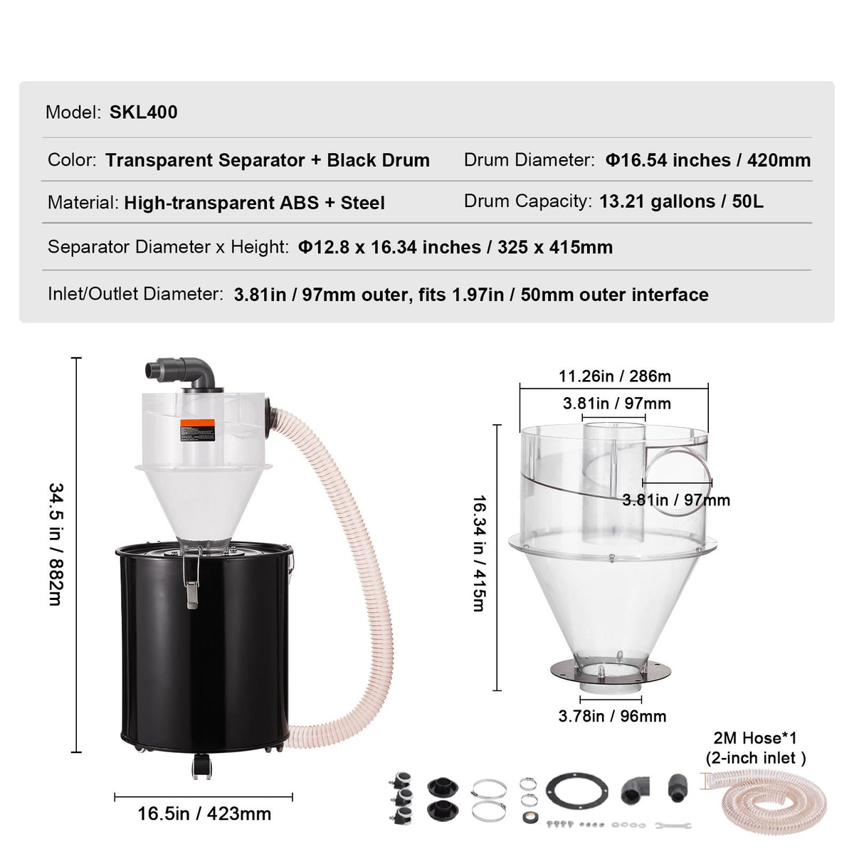 Cyclone Dust Separator with Metal Tank, 4" Retrofit Cyclone Separator for Dust Collectors, ABS Dust Deputy With 2" Hole O.D. Connector & Hose for Wet/Dry Shop Vacuums, Fits 50L Tank