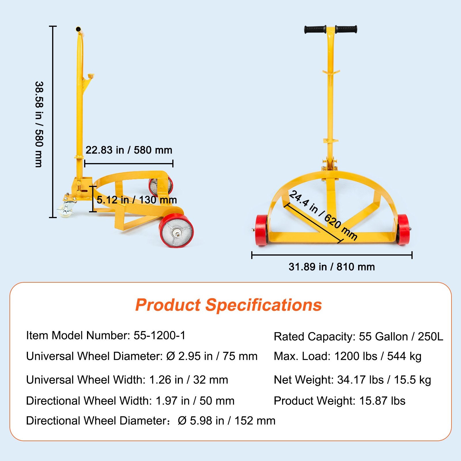 Side Tables: VEVOR 250L Drum Dolly, 544 kg Load Capacity, Barrel Dolly Cart Drum Caddy Round Dolly Steel Low Profile, Heavy Duty Steel Frame with Adjustable Handle 3 Wheels, for Workshop Factory Warehouse