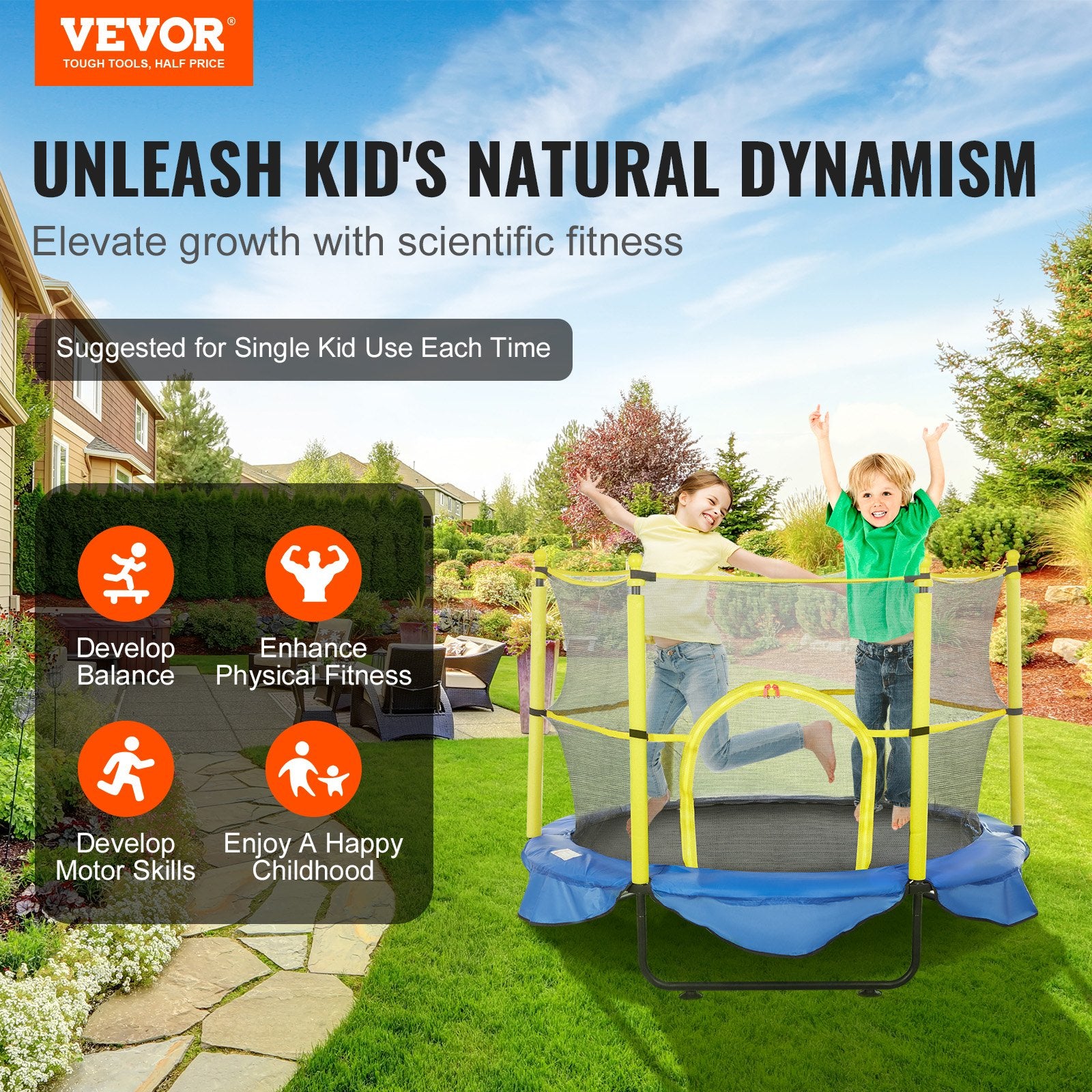 Outdoor Play Equipment: VEVOR 5FT Trampoline for Kids, 60" Indoor Outdoor Trampoline with Safety Enclosure Net, Basketball Hoop and Ocean Balls, Mini Toddler Recreational Trampoline Birthday Gifts for 3+ Years Kids