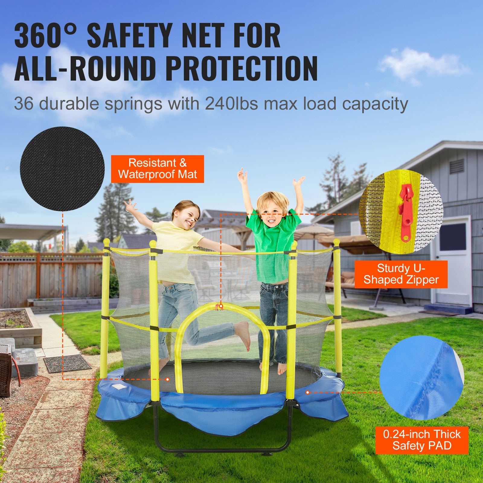 Outdoor Play Equipment: VEVOR 5FT Trampoline for Kids, 60" Indoor Outdoor Trampoline with Safety Enclosure Net, Basketball Hoop and Ocean Balls, Mini Toddler Recreational Trampoline Birthday Gifts for 3+ Years Kids