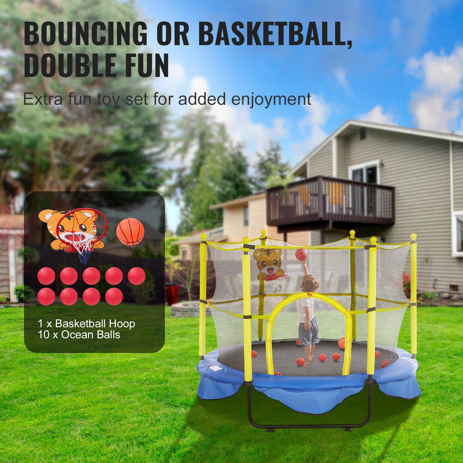 Outdoor Play Equipment: VEVOR 5FT Trampoline for Kids, 60" Indoor Outdoor Trampoline with Safety Enclosure Net, Basketball Hoop and Ocean Balls, Mini Toddler Recreational Trampoline Birthday Gifts for 3+ Years Kids