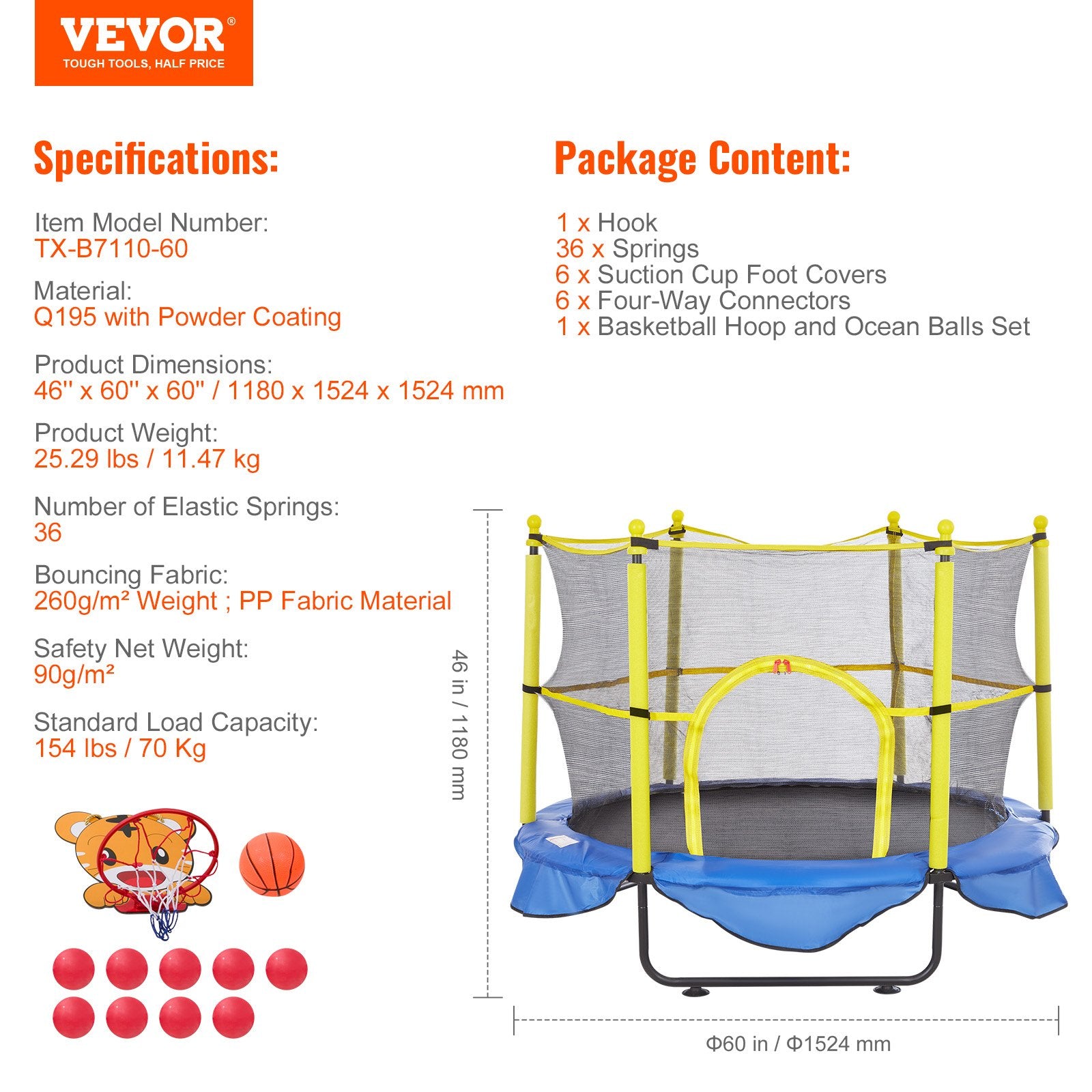 Outdoor Play Equipment: VEVOR 5FT Trampoline for Kids, 60" Indoor Outdoor Trampoline with Safety Enclosure Net, Basketball Hoop and Ocean Balls, Mini Toddler Recreational Trampoline Birthday Gifts for 3+ Years Kids