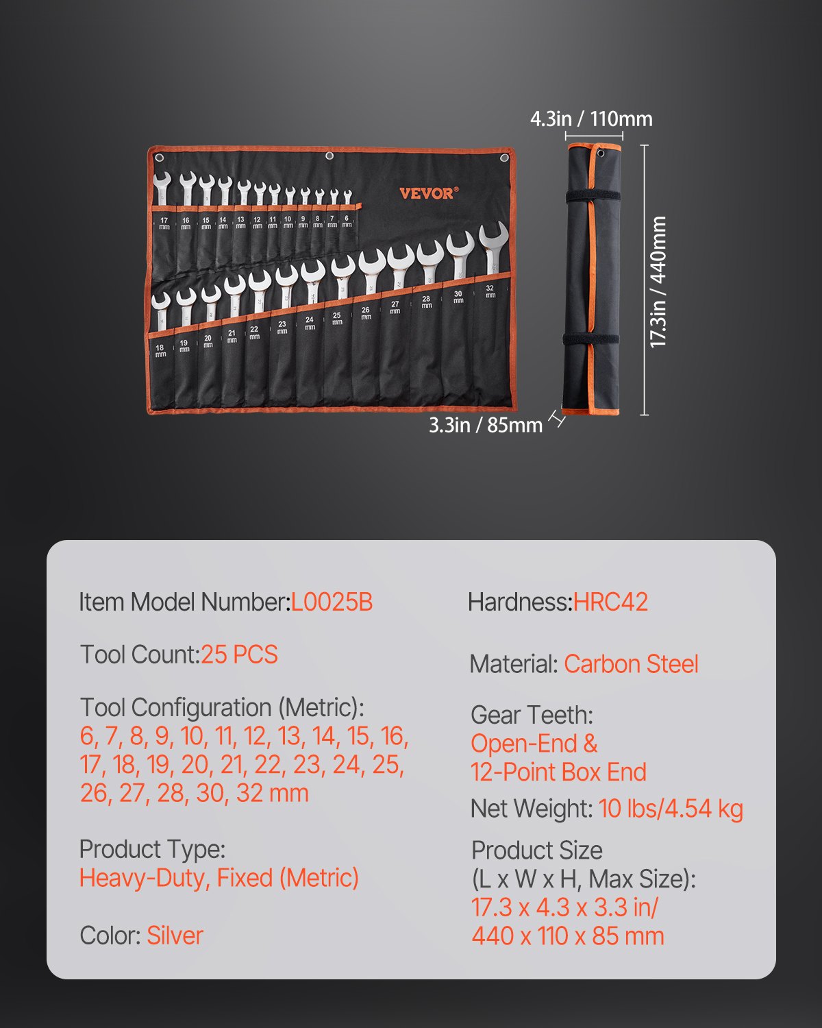 Hand Tools: VEVOR Combination Wrench Set 25-Piece Metric 6 mm to 32 mm with Roll-up Pouch