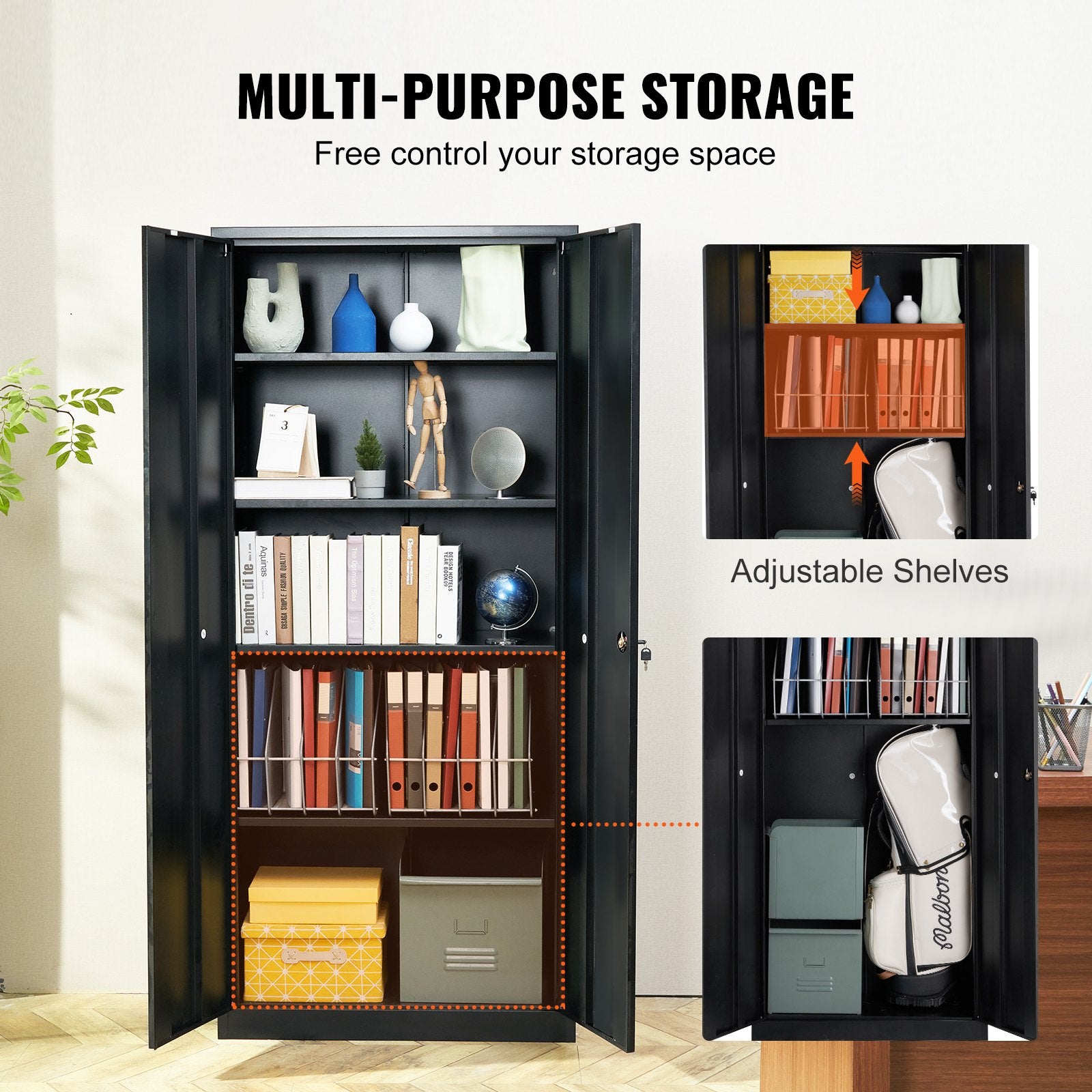 Storage Cabinets: VEVOR Metal Storage Cabinet with 2 Magnetic Doors and 4 Adjustable Shelves, 90 kg Capacity per Shelf, Locking Steel Storage Cabinet, 1.8 m Metal Cabinet with 3 Keys, for Office, Garage, Home, Black