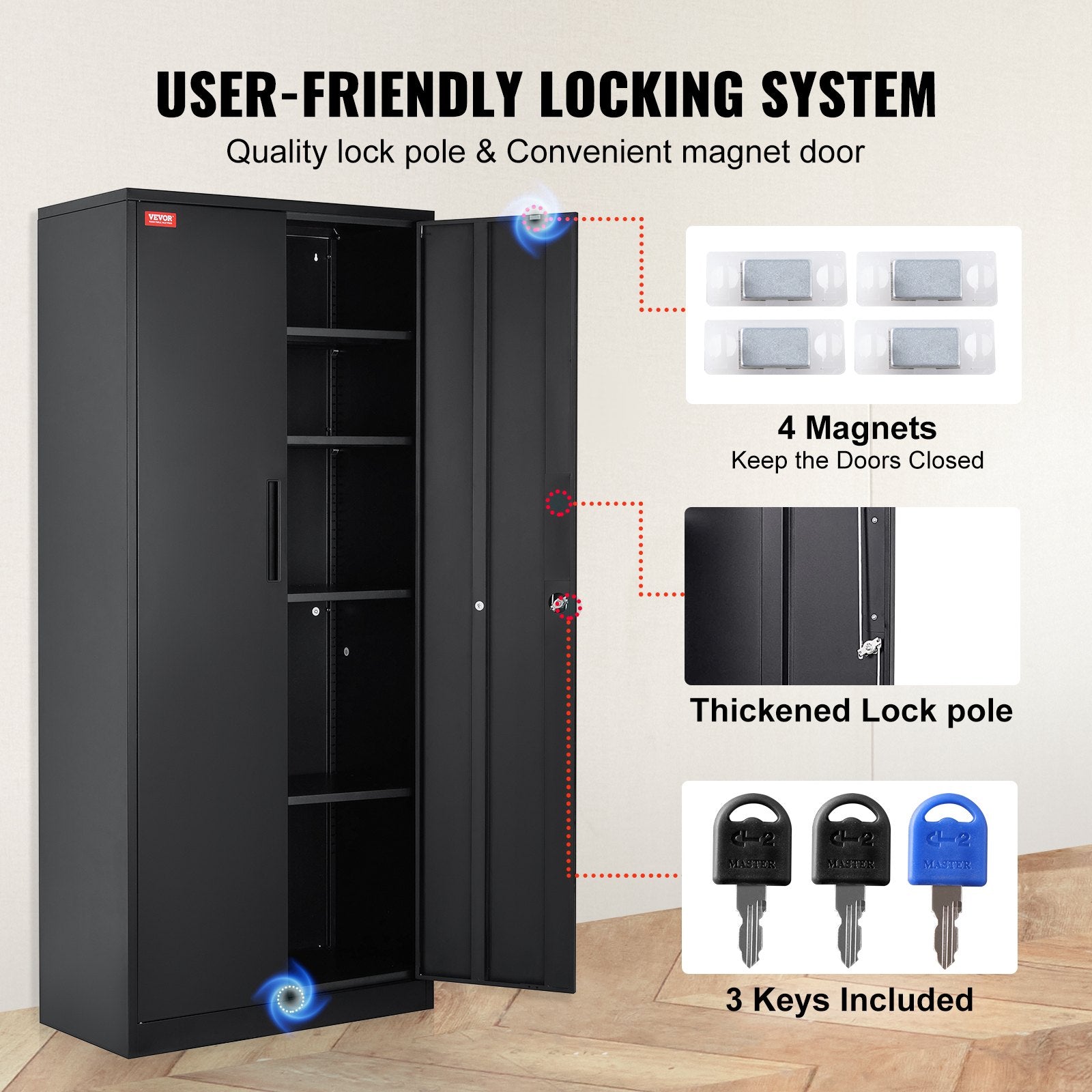 Storage Cabinets: VEVOR Metal Storage Cabinet with 2 Magnetic Doors and 4 Adjustable Shelves, 90 kg Capacity per Shelf, Locking Steel Storage Cabinet, 1.8 m Metal Cabinet with 3 Keys, for Office, Garage, Home, Black