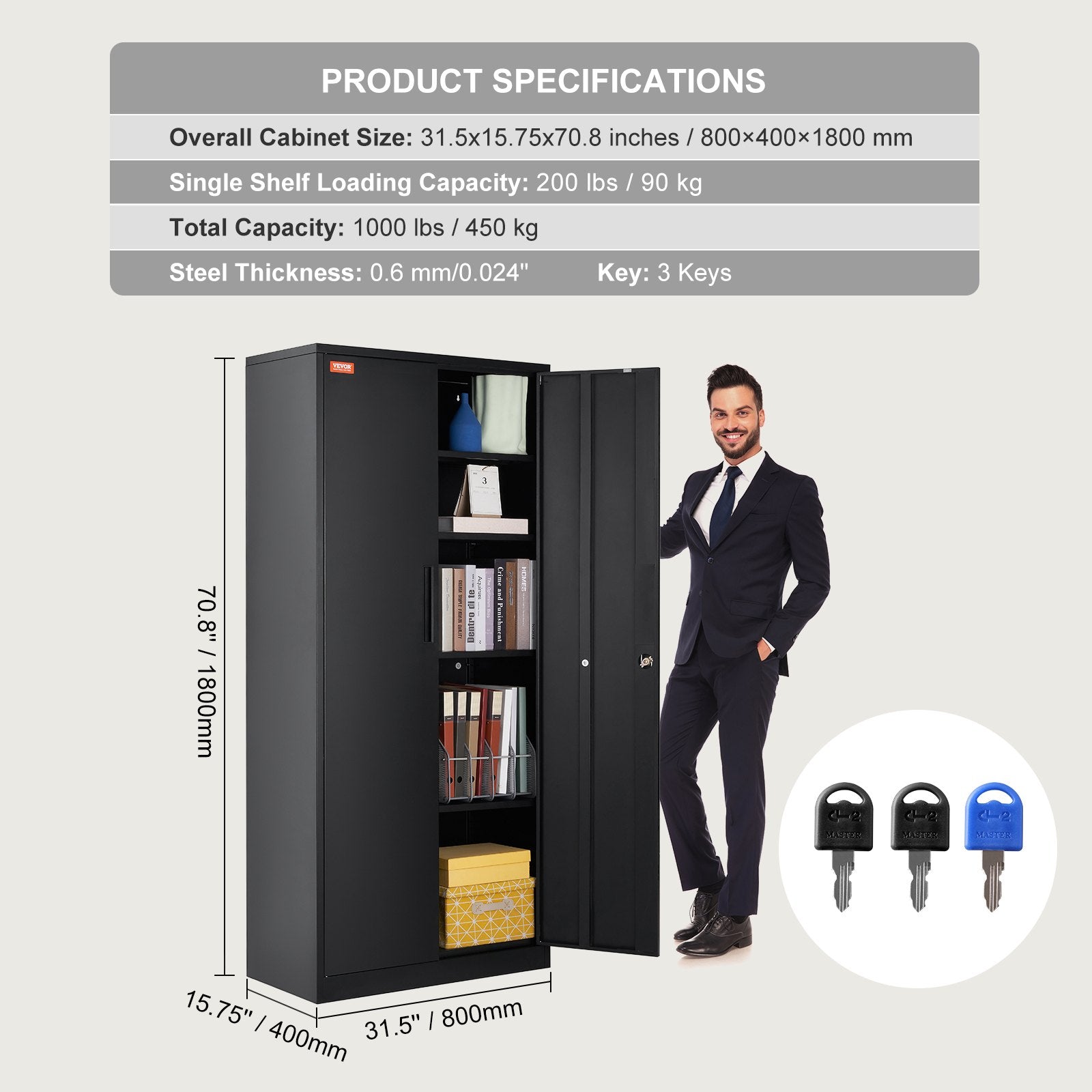Storage Cabinets: VEVOR Metal Storage Cabinet with 2 Magnetic Doors and 4 Adjustable Shelves, 90 kg Capacity per Shelf, Locking Steel Storage Cabinet, 1.8 m Metal Cabinet with 3 Keys, for Office, Garage, Home, Black