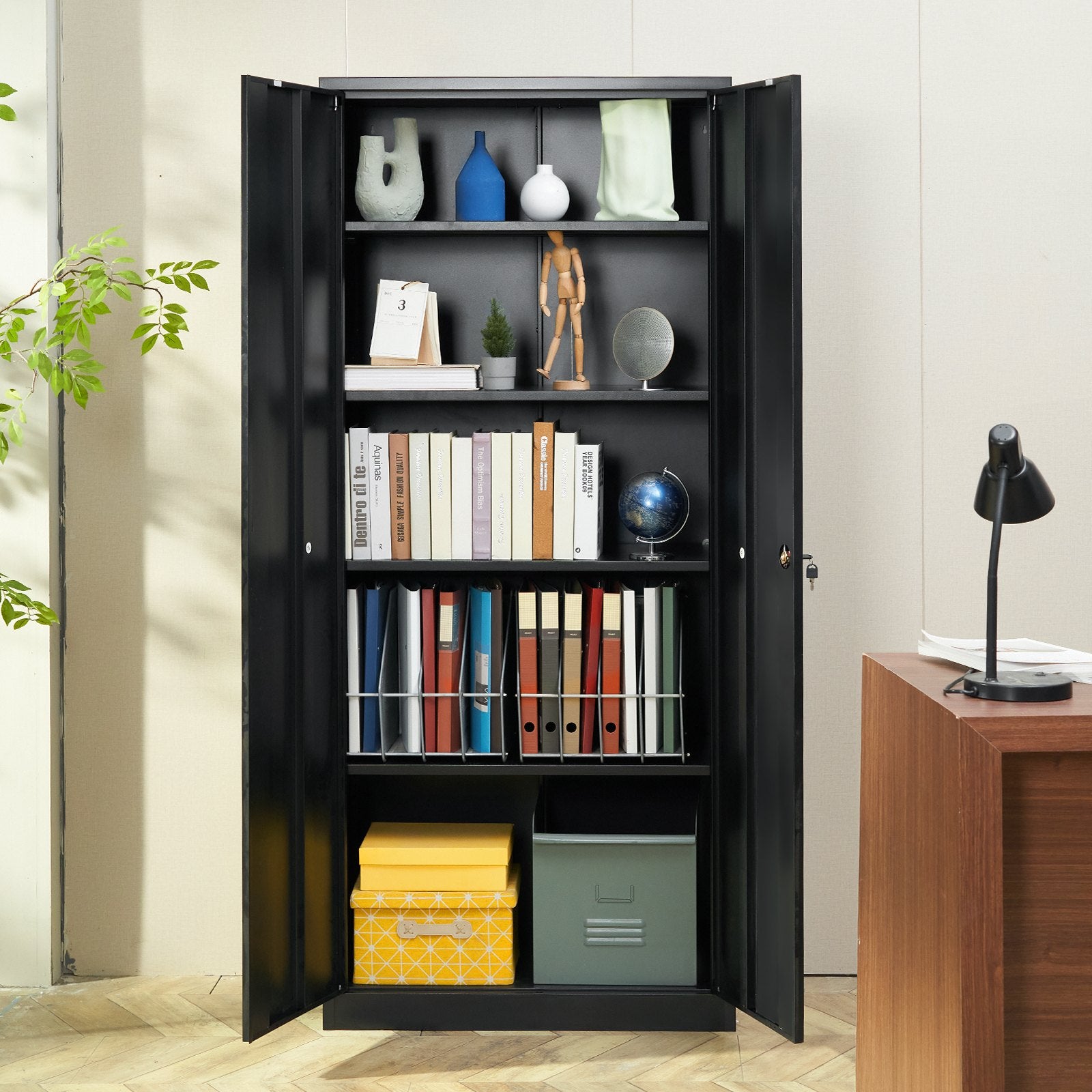 Storage Cabinets: VEVOR Metal Storage Cabinet with 2 Magnetic Doors and 4 Adjustable Shelves, 90 kg Capacity per Shelf, Locking Steel Storage Cabinet, 1.8 m Metal Cabinet with 3 Keys, for Office, Garage, Home, Black