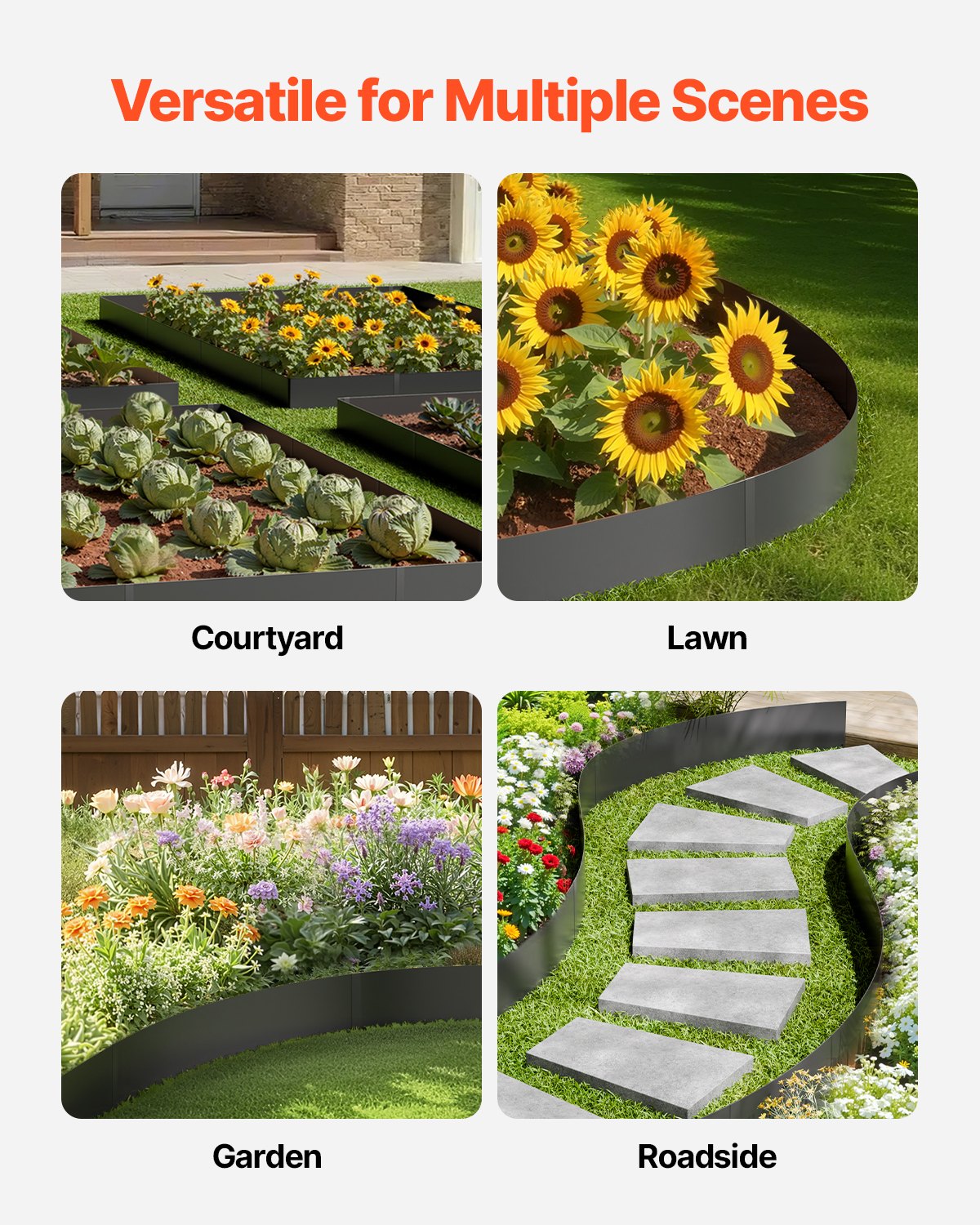 Garden Ornaments: VEVOR Steel Landscape Edging, 4 Packs 40 x 6 in Rust-Resistant Metal Landscape Edging, Bendable Garden Edging Border, Heavy Duty Lawn Edging, Easy-to-Install, Flower Bed Yard Pathway Divider Black