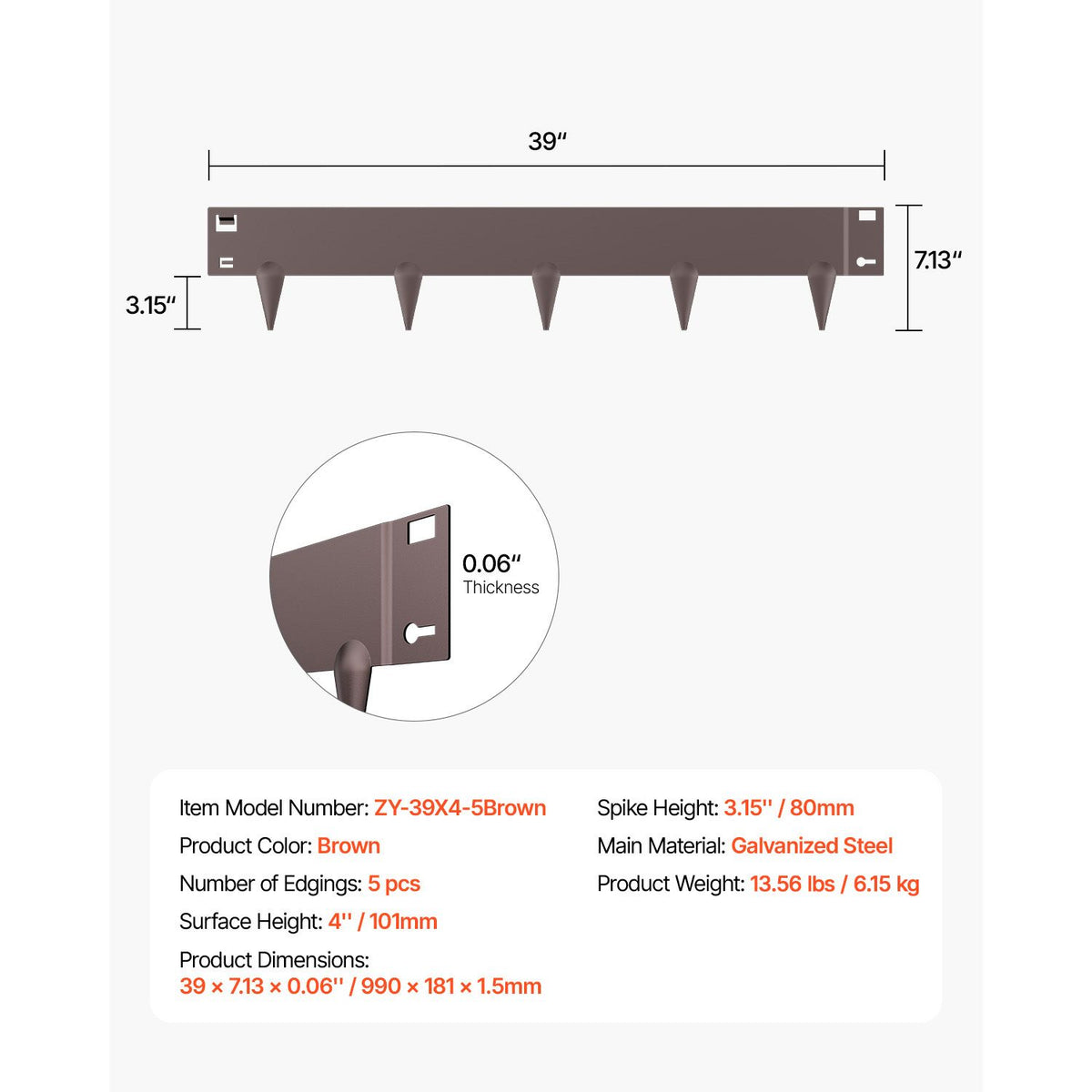 Steel Landscape Edging, 5 Packs 990 x 181 mm Rust-Resistant Metal Landscape Edging, Bendable Garden Edging Border, Heavy Duty Lawn Edging, Easy-to-Install, Flower Bed Yard Pathway Divider Brown
