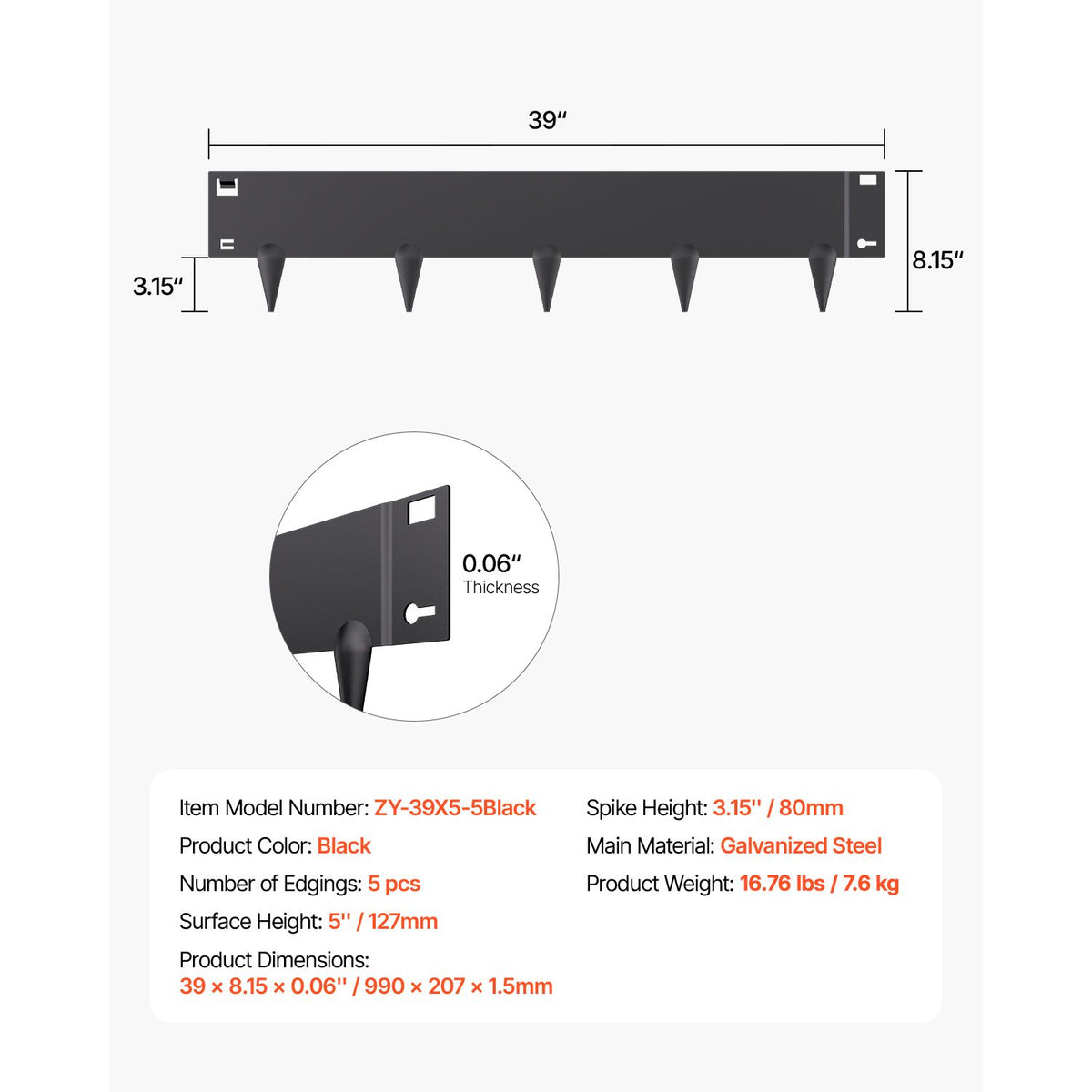 Steel Landscape Edging, 5 Packs 990 x 207 mm Rust-Resistant Metal Landscape Edging, Bendable Garden Edging Border, Heavy Duty Lawn Edging, Easy-to-Install, Flower Bed Yard Pathway Divider Black