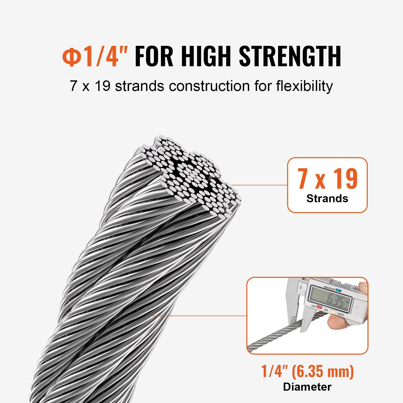 Automotive Repair & Speciality Tools: VEVOR Carbon Steel Cable 6.35 mm 7 x 19 Steel Wire Rope 76.2 m Cable Railing