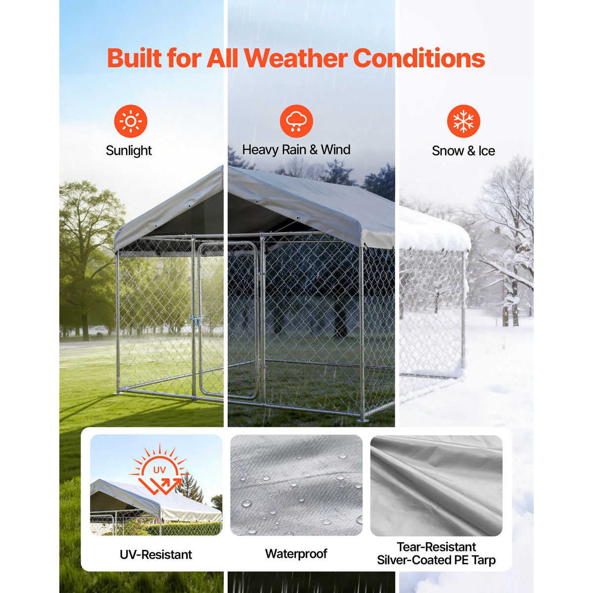 Outdoor Dog Kennel, 2 x 2 x 1.6 m Large Dog Kennel with Secure Lock, Outside Dogs Enclosures with UV-Resistant & Waterproof Roof Cover, Heavy Duty Pet Crate Cage Run for Large Dogs