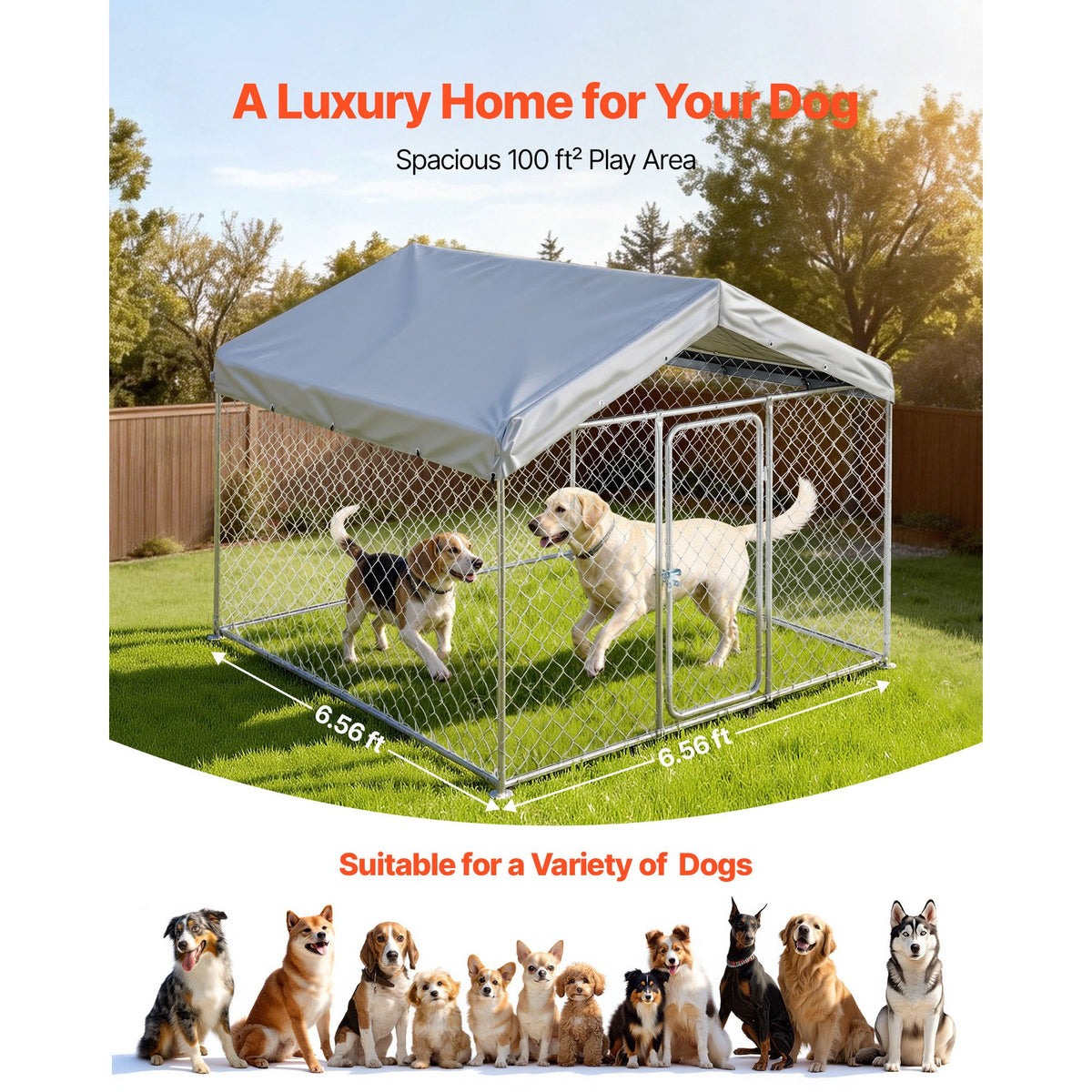 Outdoor Dog Kennel, 2 x 2 x 1.6 m Large Dog Kennel with Secure Lock, Outside Dogs Enclosures with UV-Resistant & Waterproof Roof Cover, Heavy Duty Pet Crate Cage Run for Large Dogs