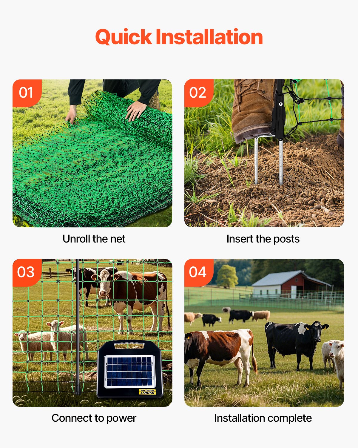 Fencing: VEVOR Electric Fence Netting, 0.88 x 49.98 m, PE Net Fencing with Posts & Double-Spiked Stakes, Utility Portable Mesh for Goats, Sheep, Lambs, Deer, Hogs, Dogs, Used in Backyards, Farms, and Ranches