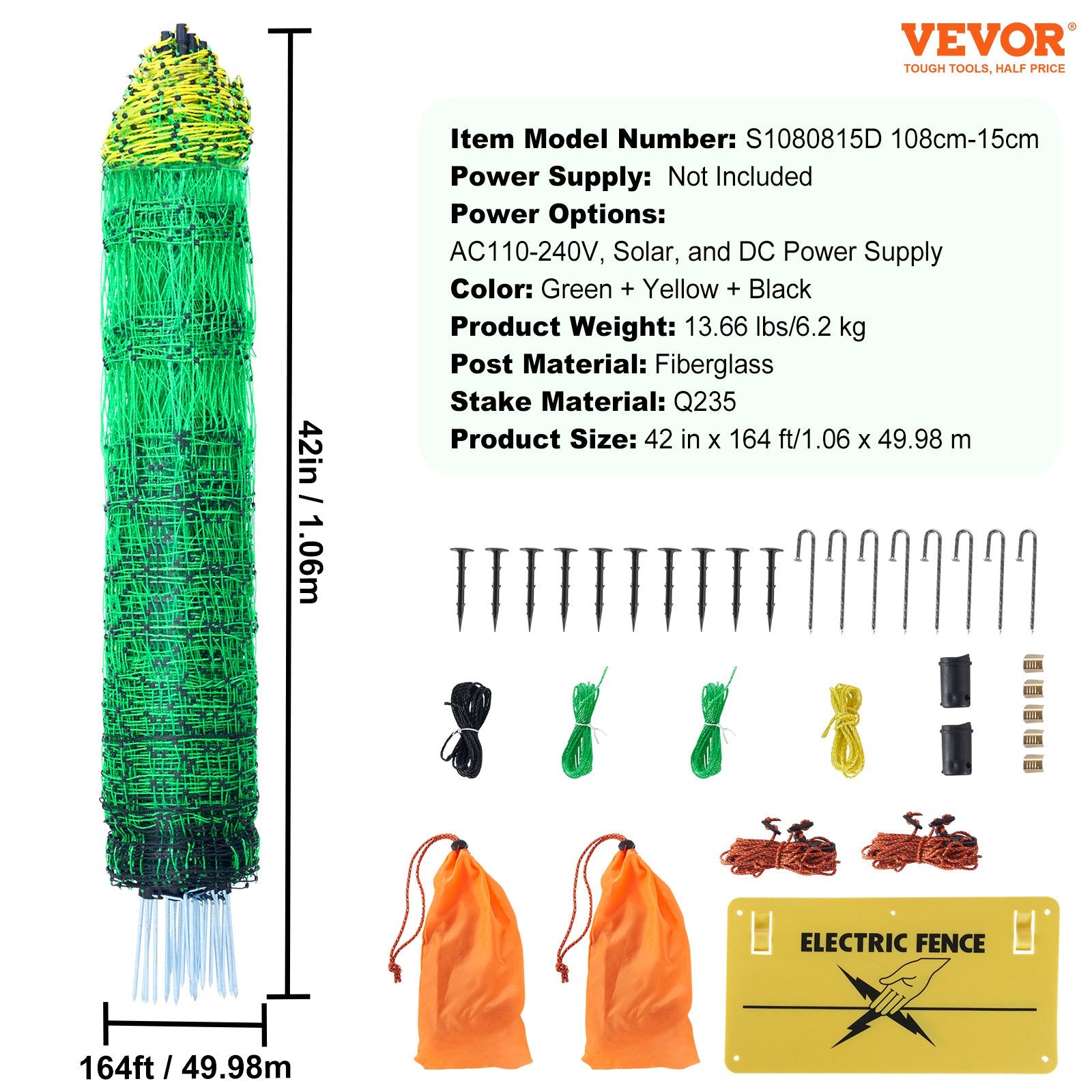 Fencing: VEVOR Electric Fence Netting, 1.06 x 49.98 m, PE Net Fencing with Posts & Double-Spiked Stakes, Utility Portable Mesh for Goats, Sheep, Lambs, Deer, Hogs, Dogs, Used in Backyards, Farms, and Ranches