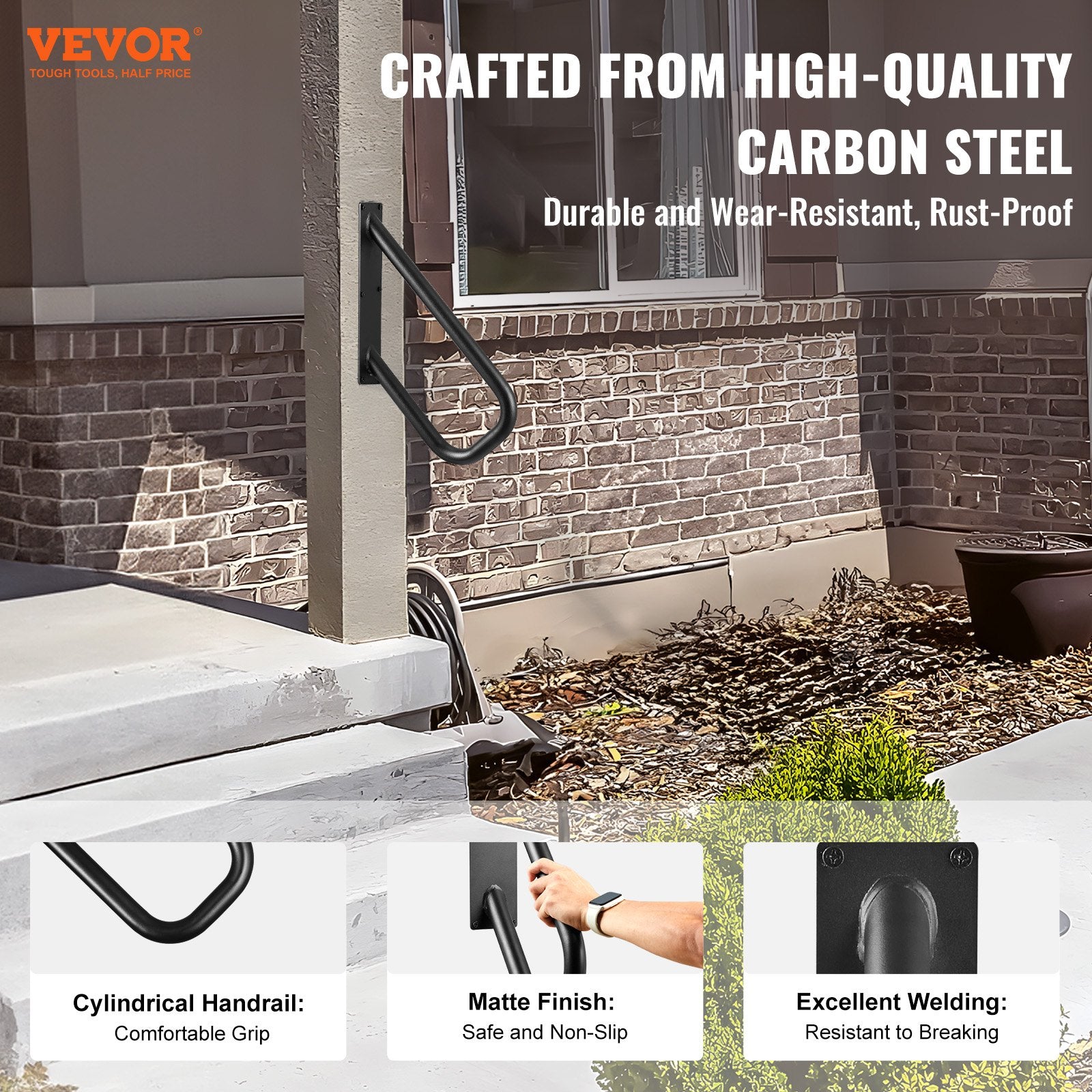 Door Hardware: VEVOR Handrails for Outdoor Steps, 18.9" Length 1.3"Pipe Wall Mount Safety Railings for 1-2 Steps, Stair Handrail with Matte Black Finished,for Garden,Yard and Garage & Elderly,Pregnant Women, Disable