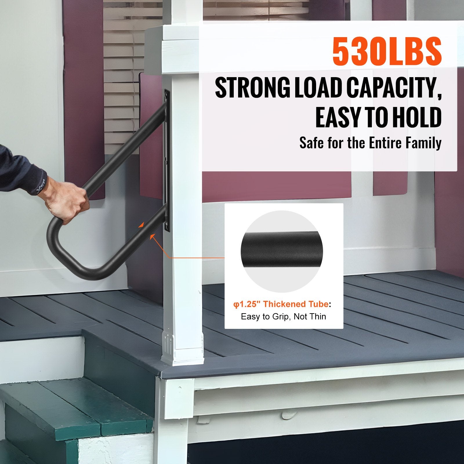Door Hardware: VEVOR Handrails for Outdoor Steps, 18.9" Length 1.3"Pipe Wall Mount Safety Railings for 1-2 Steps, Stair Handrail with Matte Black Finished,for Garden,Yard and Garage & Elderly,Pregnant Women, Disable