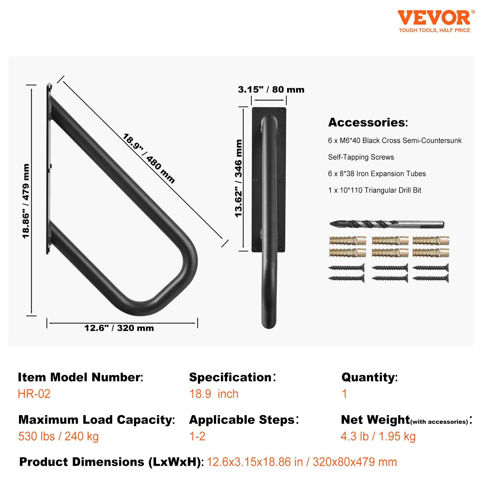 Door Hardware: VEVOR Handrails for Outdoor Steps, 18.9" Length 1.3"Pipe Wall Mount Safety Railings for 1-2 Steps, Stair Handrail with Matte Black Finished,for Garden,Yard and Garage & Elderly,Pregnant Women, Disable
