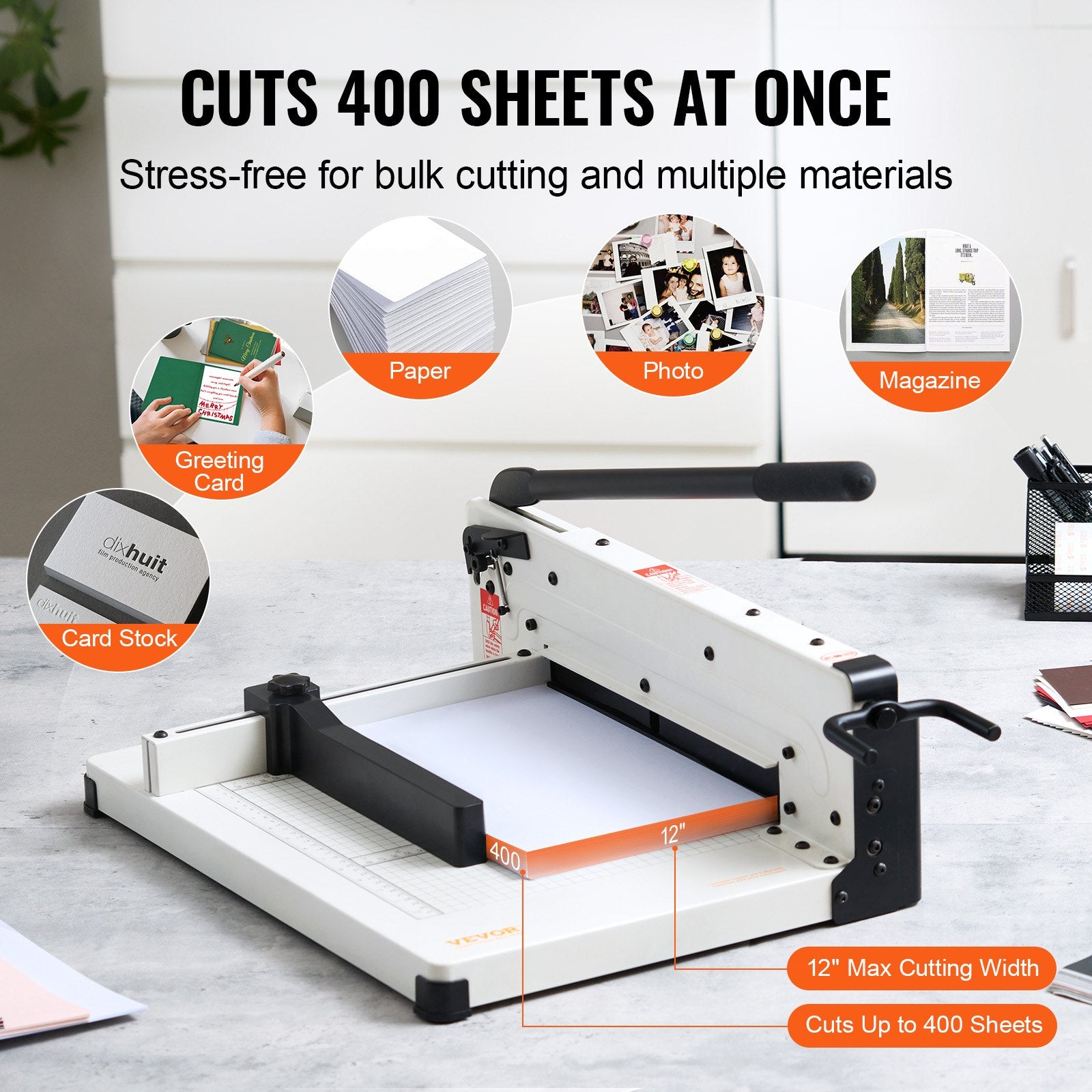 Putty Knives, Scrapers & Chisels: VEVOR Heavy Duty Paper Cutter, 304.8 mm Industrial Commercial Guillotine Paper Cutter for A4 Paper, 400 Sheet Capacity, Solid Steel Construction, Stack Paper Trimmer for Office Home School Shop, White