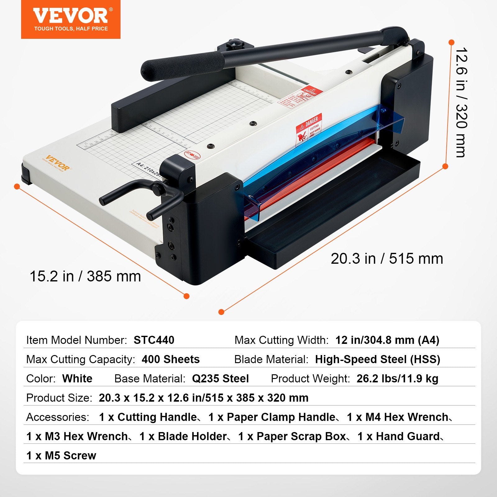 Putty Knives, Scrapers & Chisels: VEVOR Heavy Duty Paper Cutter, 304.8 mm Industrial Commercial Guillotine Paper Cutter for A4 Paper, 400 Sheet Capacity, Solid Steel Construction, Stack Paper Trimmer for Office Home School Shop, White