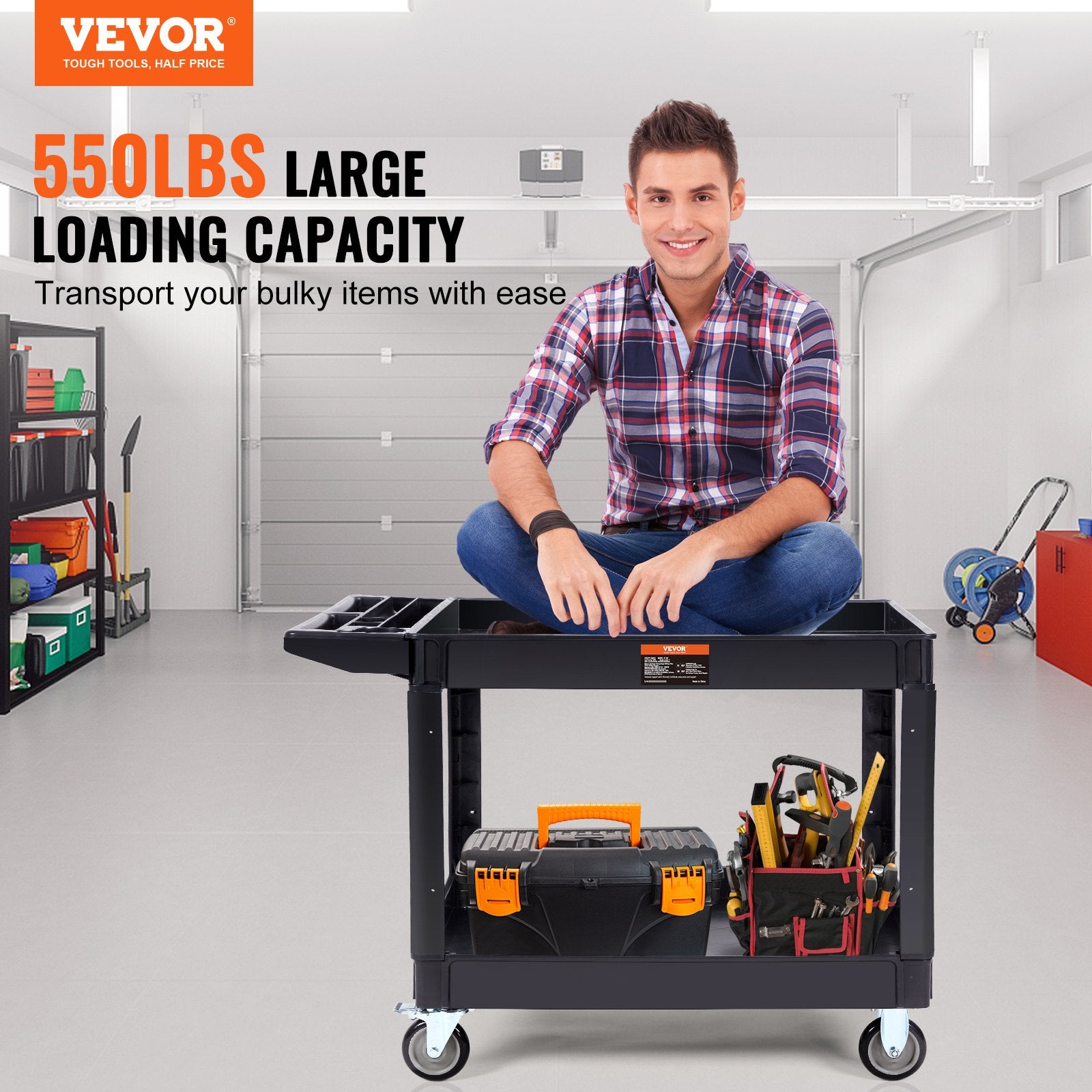 Kitchen & Dining Trolleys: VEVOR Utility Service Cart, 2 Shelf 550LBS Heavy Duty Plastic Rolling Utility Cart with 360° Swivel Wheels (2 with Brakes), Large Lipped Shelf, Ergonomic Storage Handle for Warehouse/Garage/Cleaning