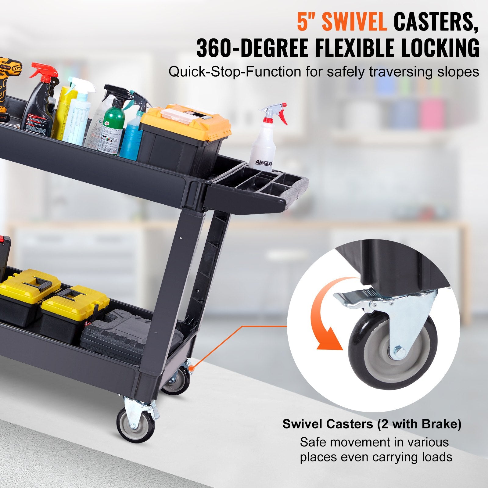 Kitchen & Dining Trolleys: VEVOR Utility Service Cart, 2 Shelf 550LBS Heavy Duty Plastic Rolling Utility Cart with 360° Swivel Wheels (2 with Brakes), Large Lipped Shelf, Ergonomic Storage Handle for Warehouse/Garage/Cleaning