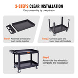 Kitchen & Dining Trolleys: VEVOR Utility Service Cart, 2 Shelf 550LBS Heavy Duty Plastic Rolling Utility Cart with 360° Swivel Wheels (2 with Brakes), Large Lipped Shelf, Ergonomic Storage Handle for Warehouse/Garage/Cleaning