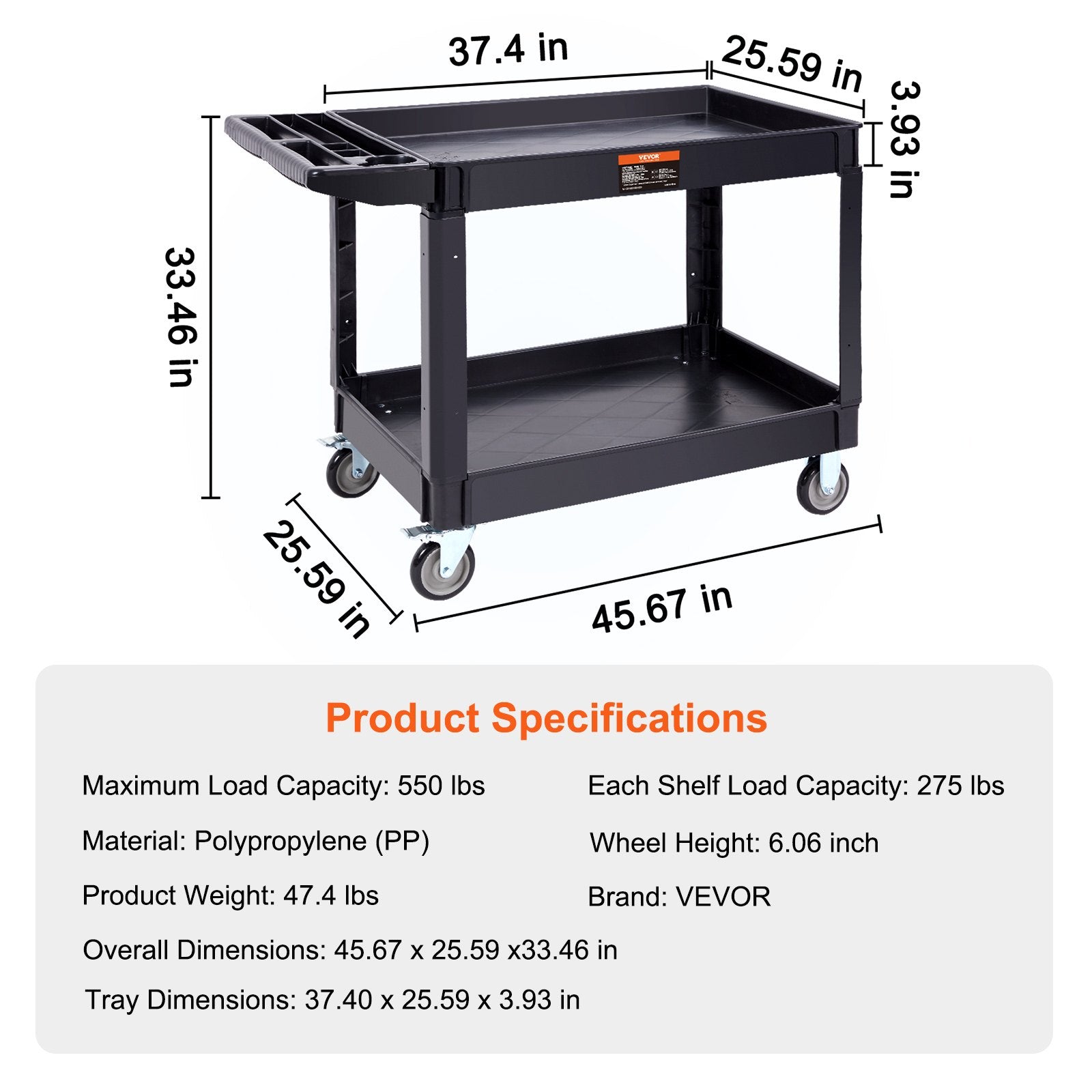 Kitchen & Dining Trolleys: VEVOR Utility Service Cart, 2 Shelf 550LBS Heavy Duty Plastic Rolling Utility Cart with 360° Swivel Wheels (2 with Brakes), Large Lipped Shelf, Ergonomic Storage Handle for Warehouse/Garage/Cleaning