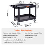 Kitchen & Dining Trolleys: VEVOR Utility Service Cart, 2 Shelf 550LBS Heavy Duty Plastic Rolling Utility Cart with 360° Swivel Wheels (2 with Brakes), Large Lipped Shelf, Ergonomic Storage Handle for Warehouse/Garage/Cleaning