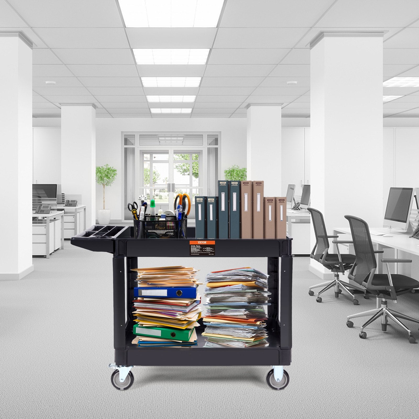 Kitchen & Dining Trolleys: VEVOR Utility Service Cart, 2 Shelf 550LBS Heavy Duty Plastic Rolling Utility Cart with 360° Swivel Wheels (2 with Brakes), Large Lipped Shelf, Ergonomic Storage Handle for Warehouse/Garage/Cleaning