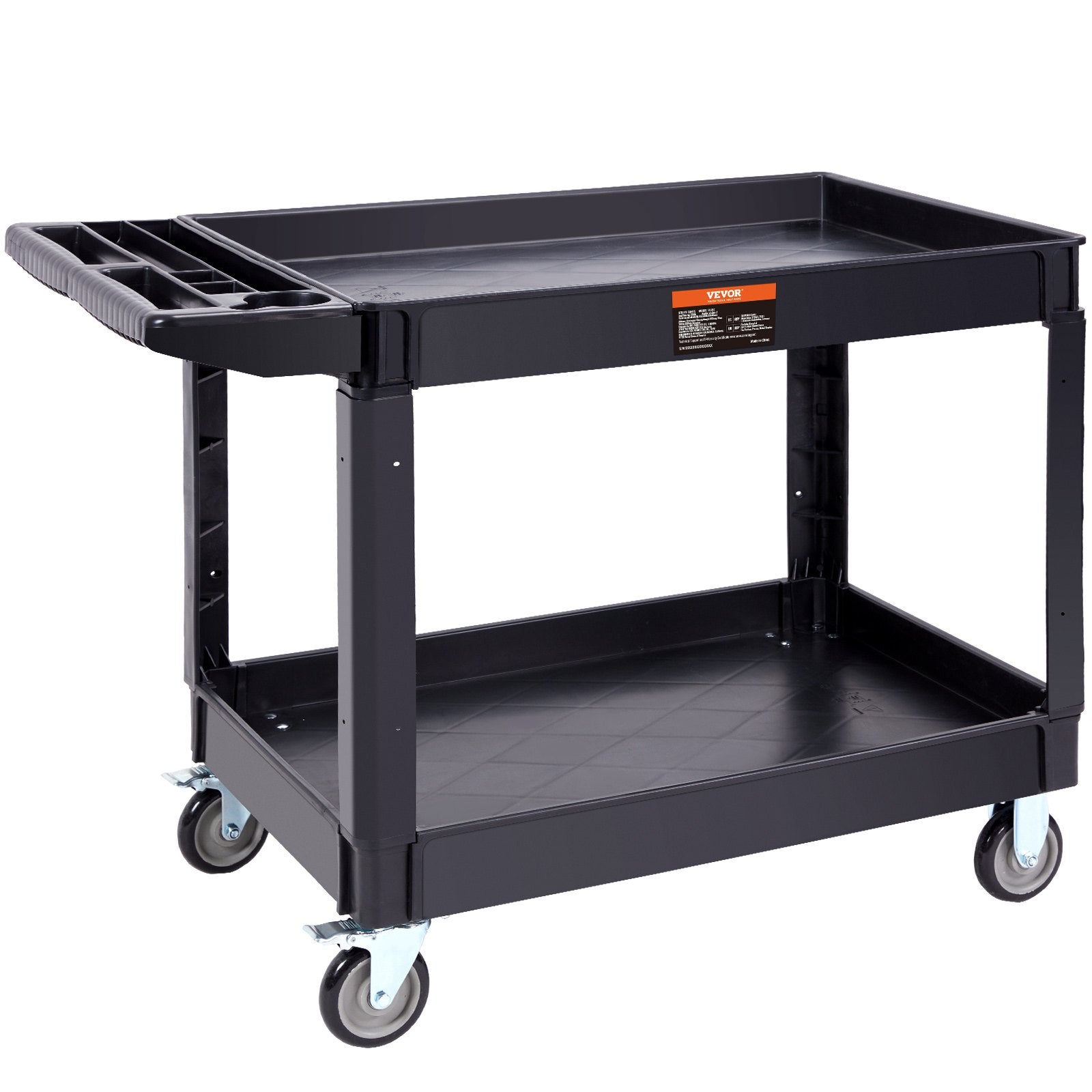 Kitchen & Dining Trolleys: VEVOR Utility Service Cart, 2 Shelf 550LBS Heavy Duty Plastic Rolling Utility Cart with 360° Swivel Wheels (2 with Brakes), Large Lipped Shelf, Ergonomic Storage Handle for Warehouse/Garage/Cleaning
