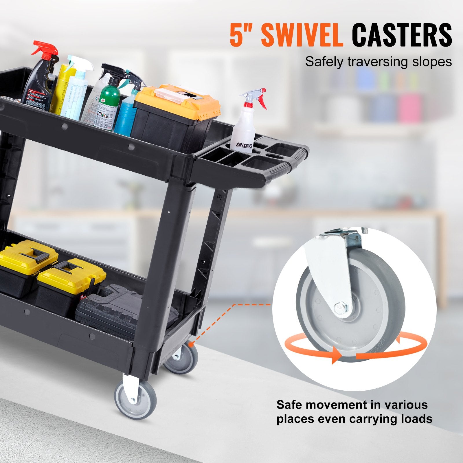 Kitchen & Dining Trolleys: VEVOR Utility Service Cart, 2 Shelf 550LBS Heavy Duty Plastic Rolling Utility Cart with 360° Swivel Wheels, Medium Lipped Shelf, Ergonomic Storage Handle for Warehouse/Garage/Cleaning/Office