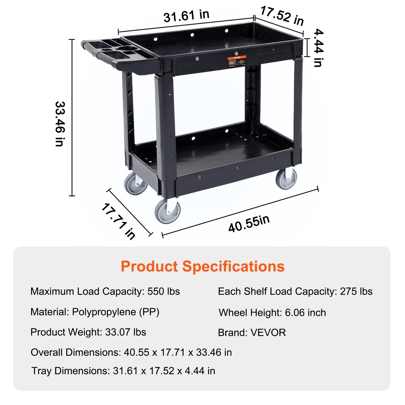 Kitchen & Dining Trolleys: VEVOR Utility Service Cart, 2 Shelf 550LBS Heavy Duty Plastic Rolling Utility Cart with 360° Swivel Wheels, Medium Lipped Shelf, Ergonomic Storage Handle for Warehouse/Garage/Cleaning/Office