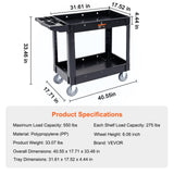 Kitchen & Dining Trolleys: VEVOR Utility Service Cart, 2 Shelf 550LBS Heavy Duty Plastic Rolling Utility Cart with 360° Swivel Wheels, Medium Lipped Shelf, Ergonomic Storage Handle for Warehouse/Garage/Cleaning/Office