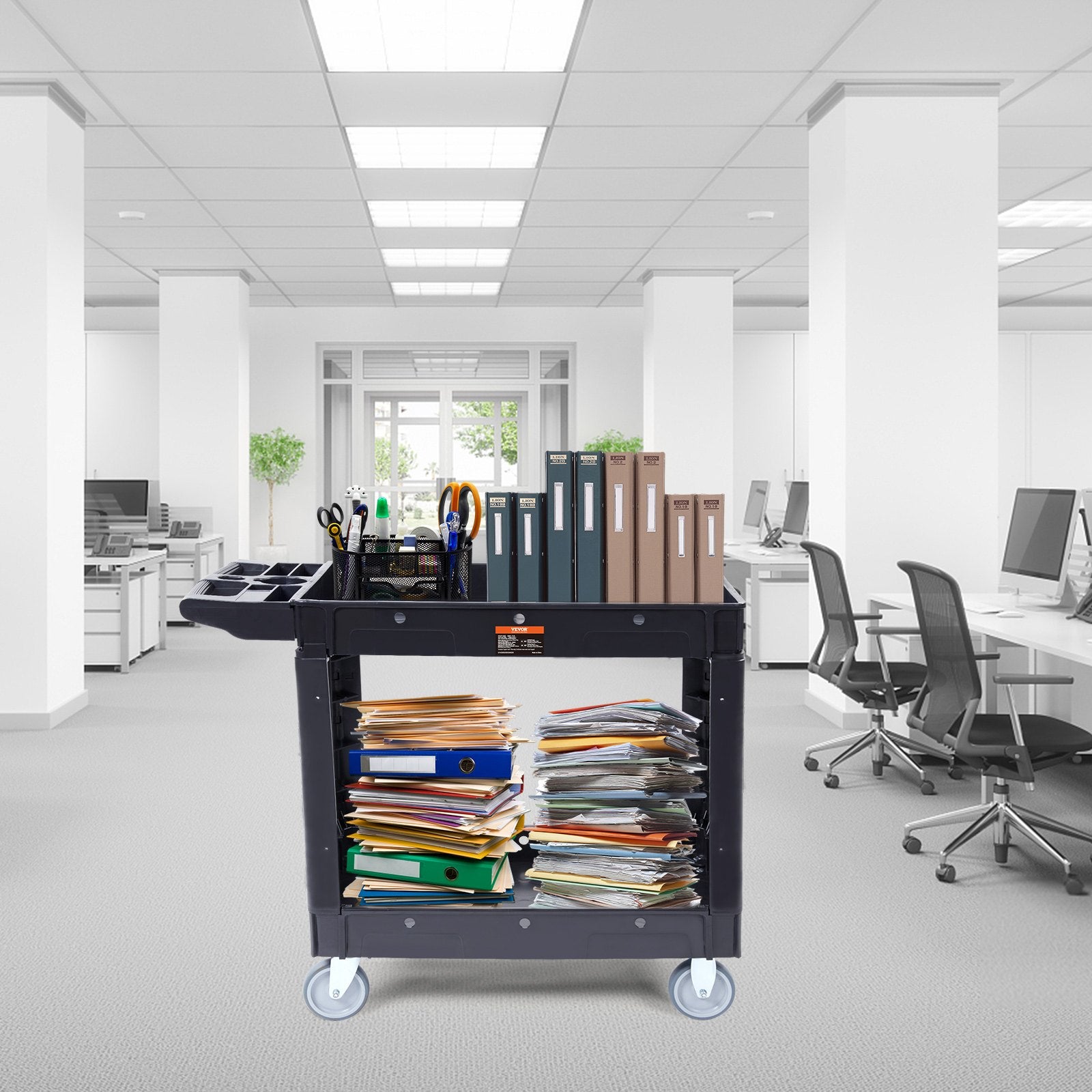 Kitchen & Dining Trolleys: VEVOR Utility Service Cart, 2 Shelf 550LBS Heavy Duty Plastic Rolling Utility Cart with 360° Swivel Wheels, Medium Lipped Shelf, Ergonomic Storage Handle for Warehouse/Garage/Cleaning/Office
