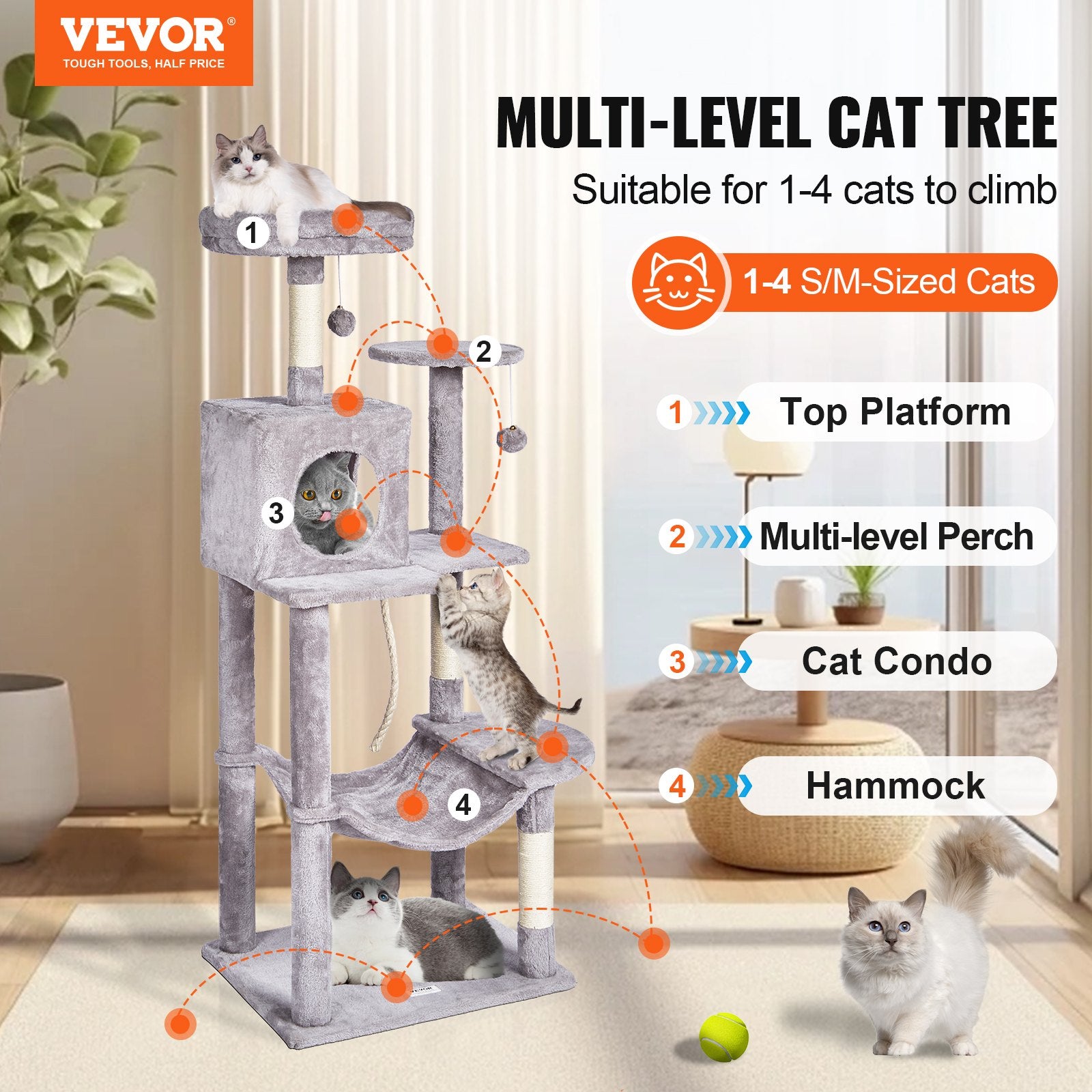 Cat Scratching Posts: VEVOR Cat Tree 143 cm Cat Tower with Cat Condo Sisal Scratching Post Light Grey