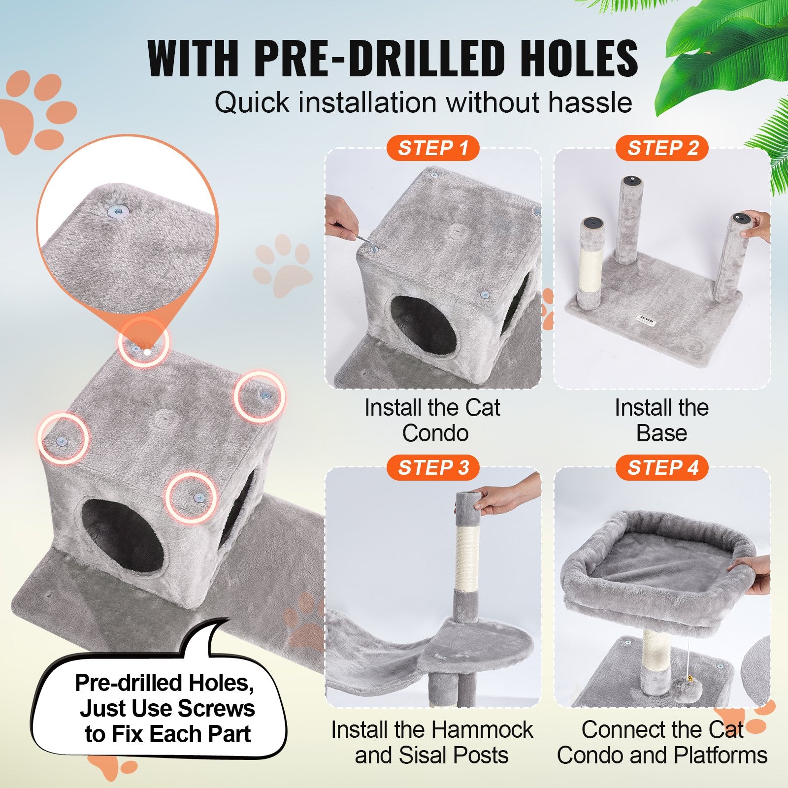 Cat Scratching Posts: VEVOR Cat Tree 143 cm Cat Tower with Cat Condo Sisal Scratching Post Light Grey