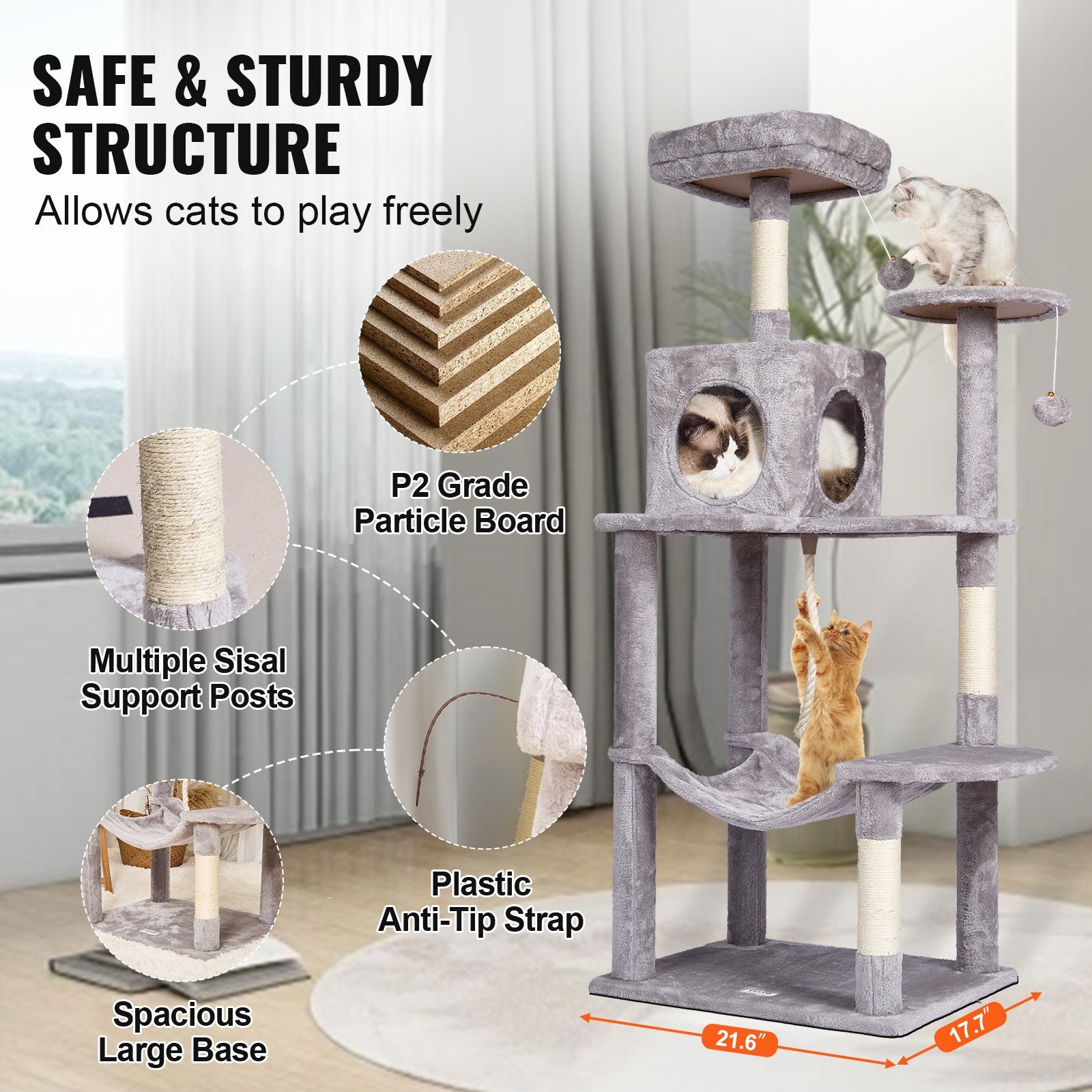 Cat Scratching Posts: VEVOR Cat Tree 143 cm Cat Tower with Cat Condo Sisal Scratching Post Light Grey